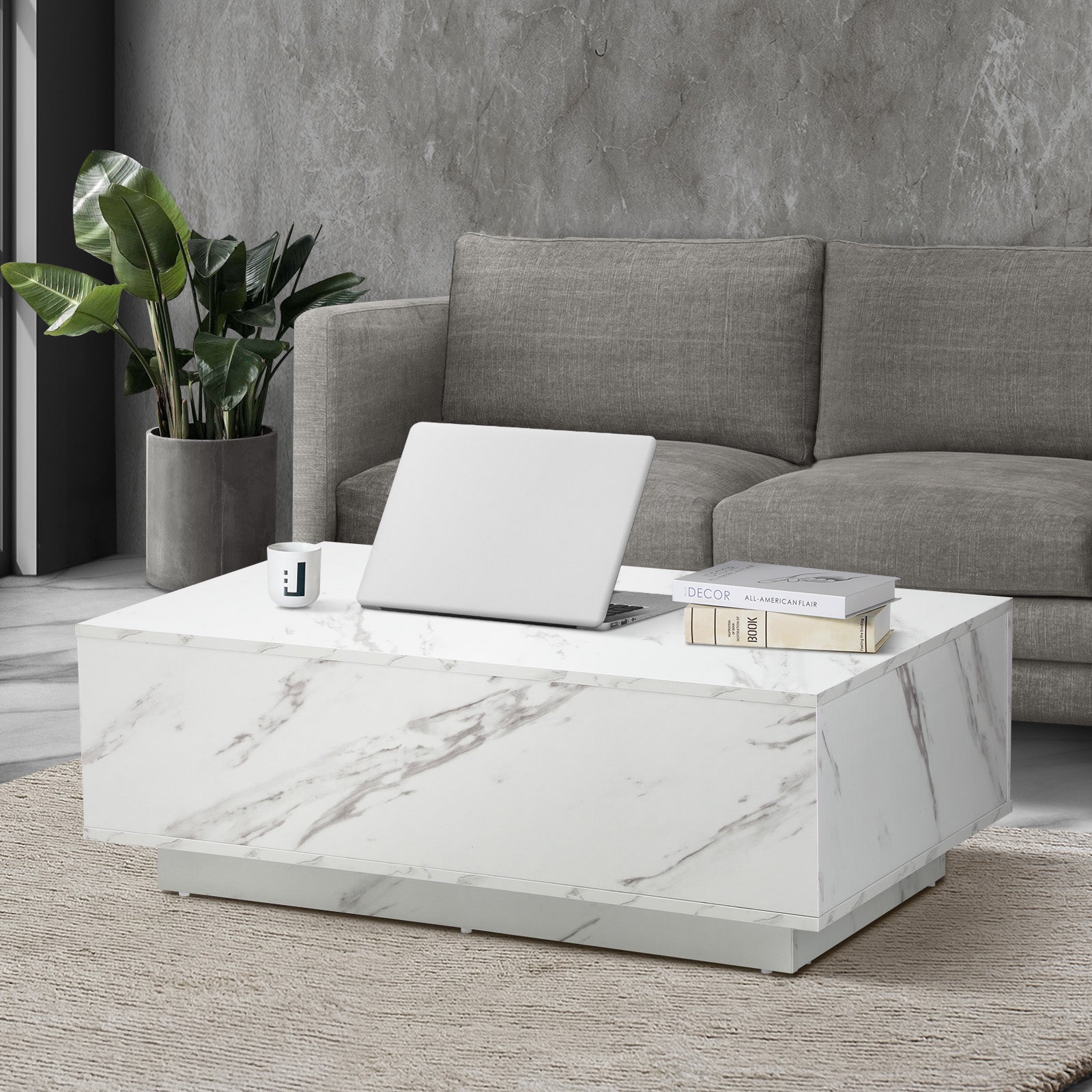 Oikiture Coffee Table Side Tables Sofa Cafe Desk Marble Effect Wooden White - Sunyee