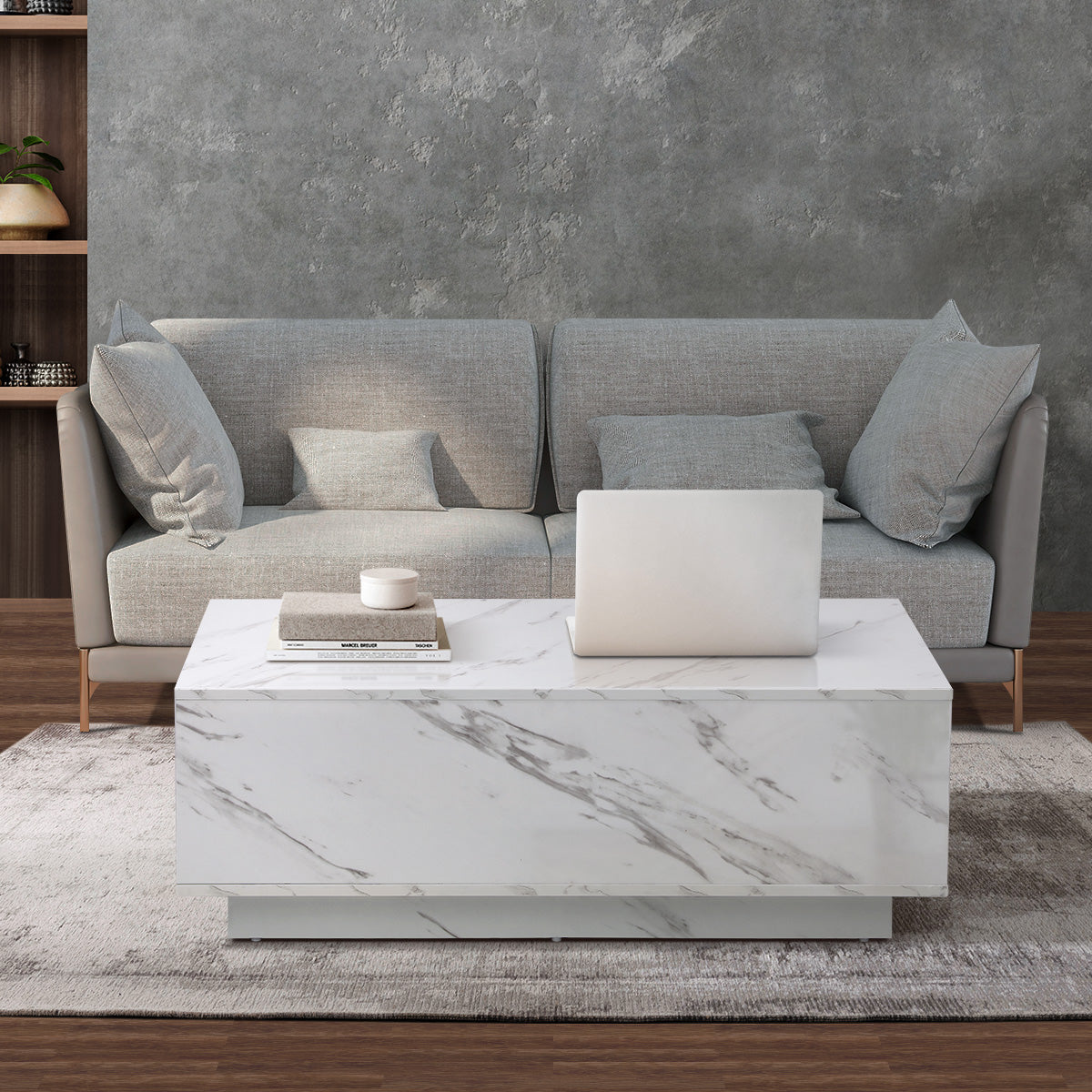 Oikiture Coffee Table Side Tables Sofa Cafe Desk Marble Effect Wooden White - Sunyee