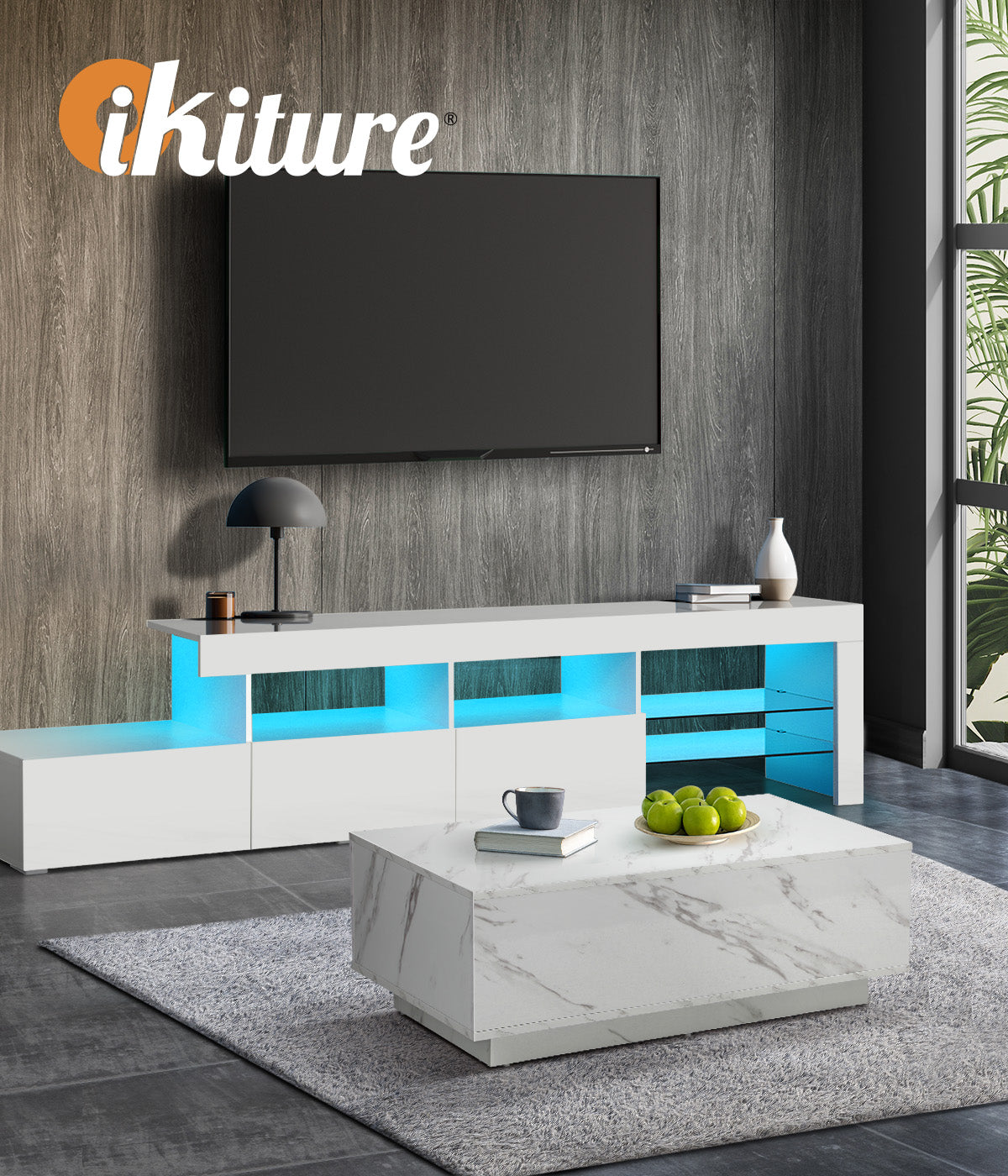 Oikiture Coffee Table Side Tables Sofa Cafe Desk Marble Effect Wooden White - Sunyee