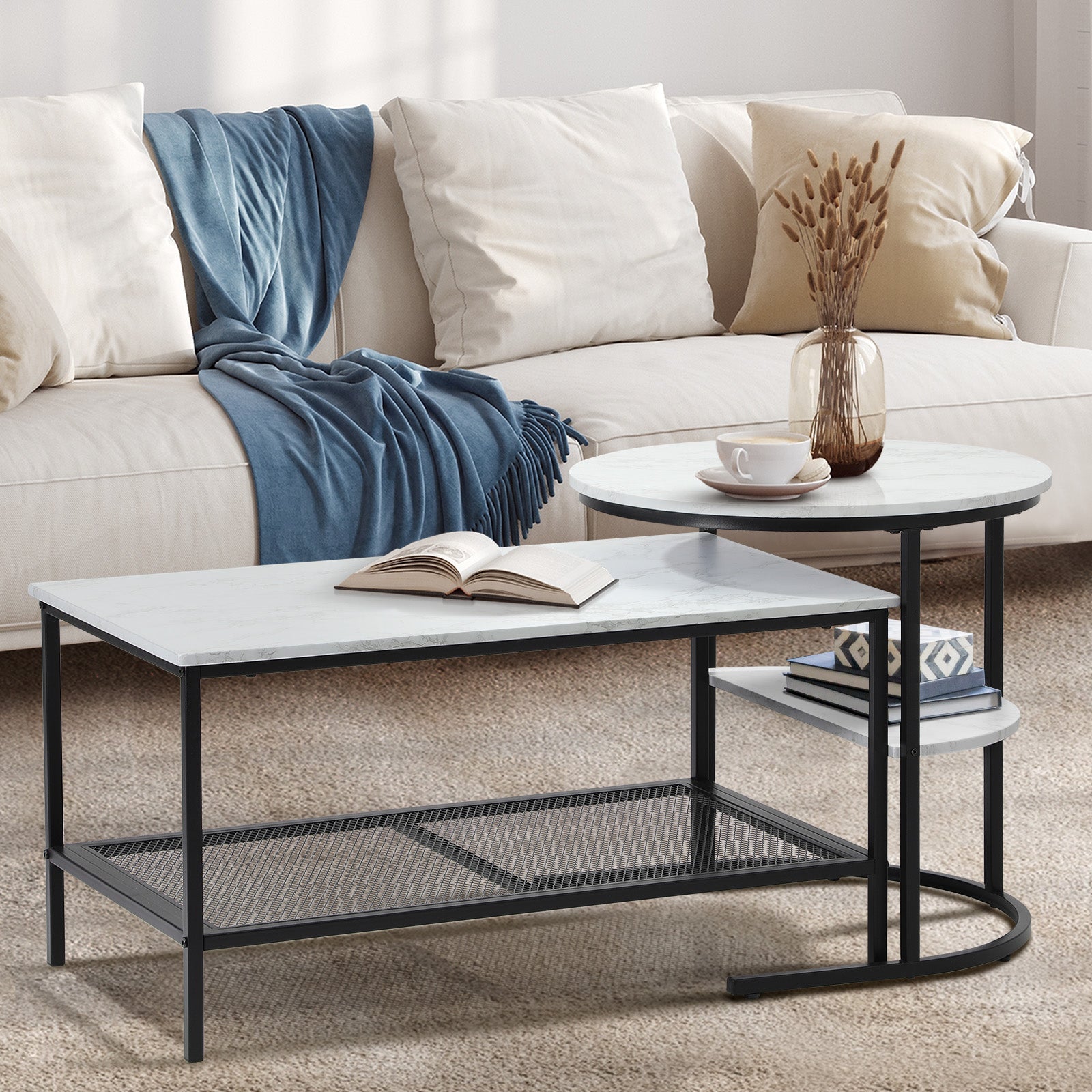 Oikiture Nesting Coffee Table Set of 2 Side End Tables Detachable Faux Marble - Sunyee