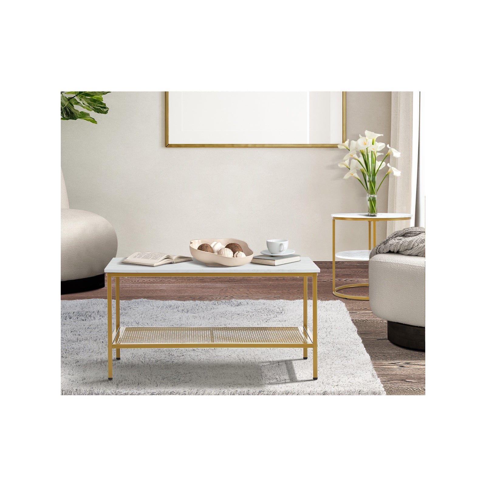 Oikiture Nesting Coffee Table Set of 2 Side End Table Detachable Faux Marble Top - Sunyee