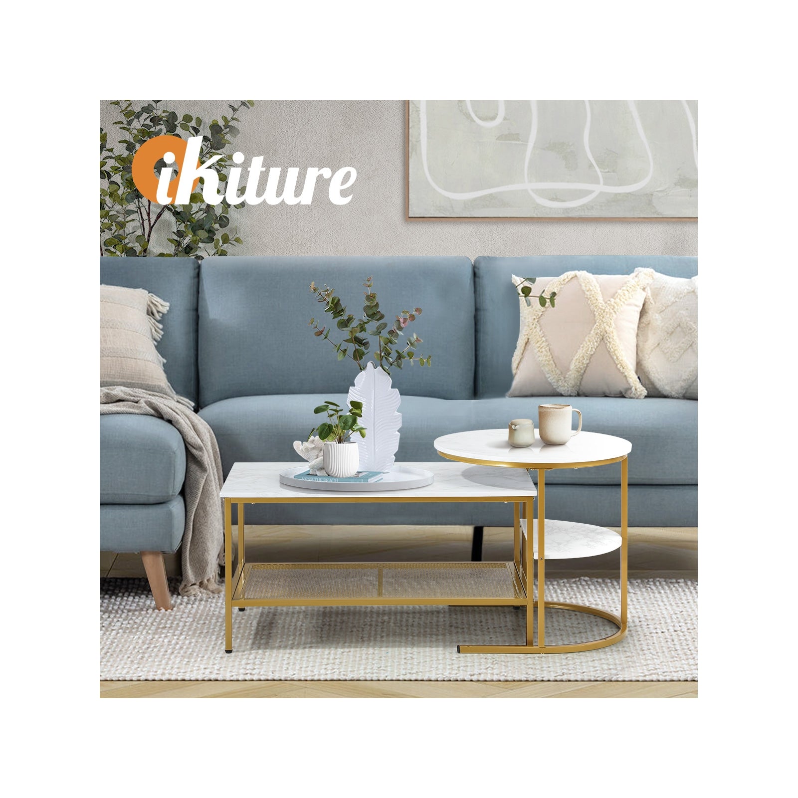 Oikiture Nesting Coffee Table Set of 2 Side End Table Detachable Faux Marble Top - Sunyee