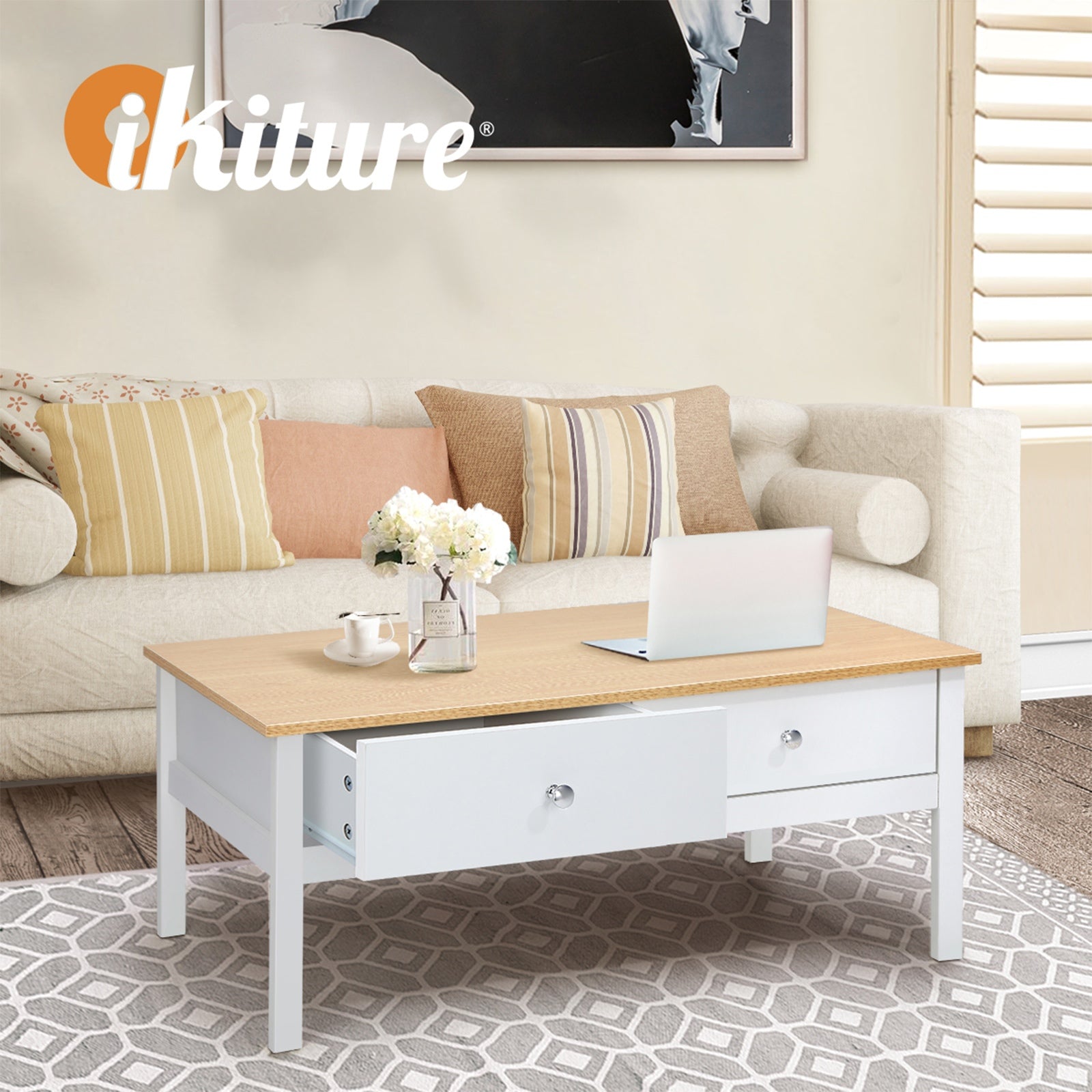 Oikiture Coffee Table Storage Drawers Side Tables Sofa Cafe Desk Natural White - Sunyee