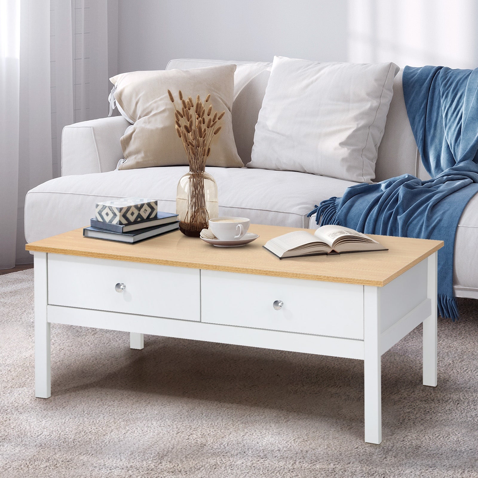 Oikiture Coffee Table Storage Drawers Side Tables Sofa Cafe Desk Natural White - Sunyee