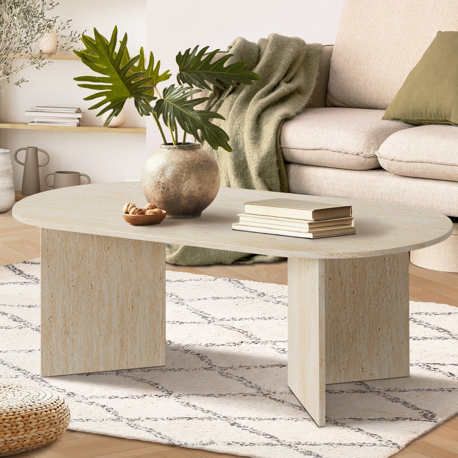 Oikiture Coffee Table Sofa End Table Oval Side Cafe Desk Timber Beige - Sunyee