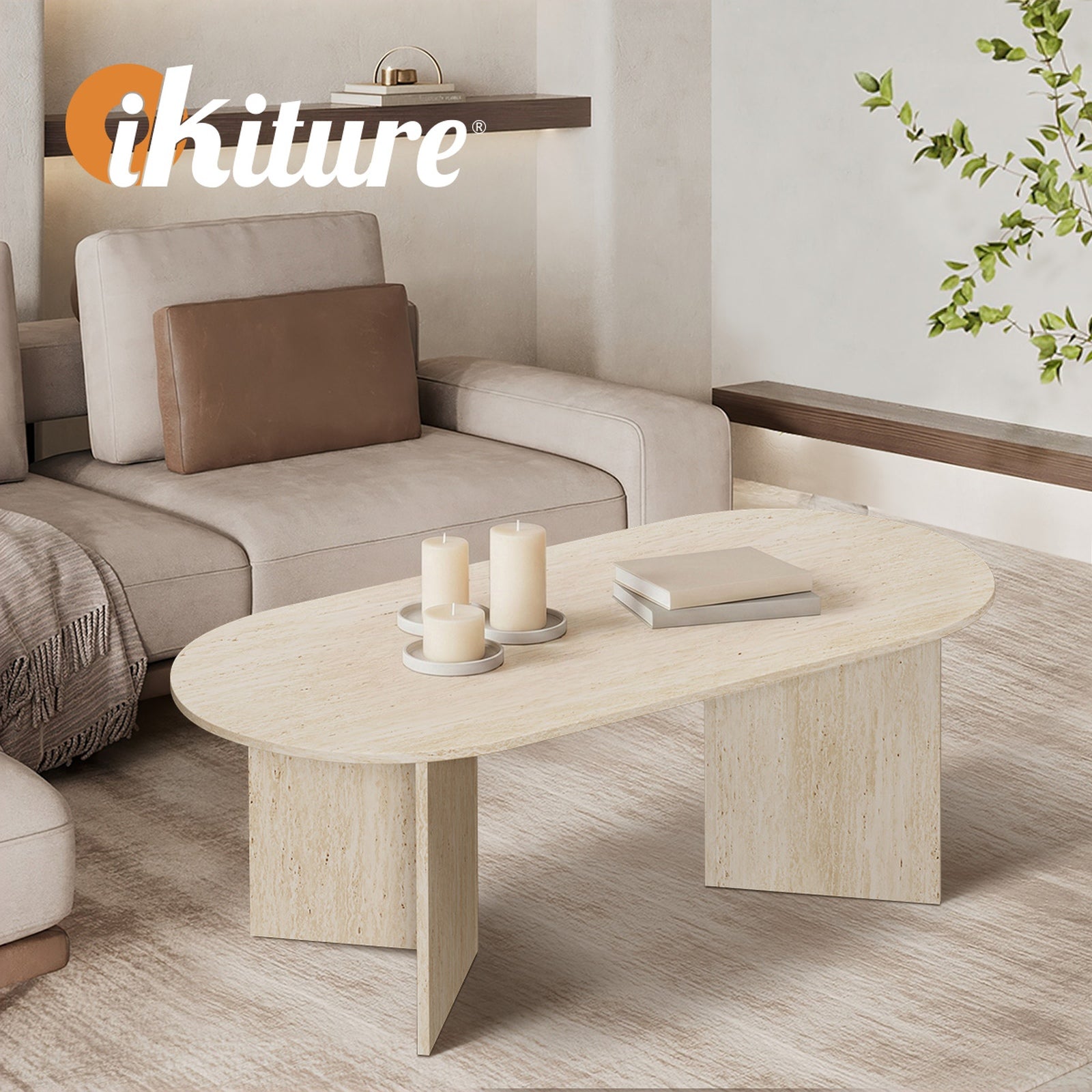 Oikiture Coffee Table Sofa End Table Oval Side Cafe Desk Timber Beige - Sunyee