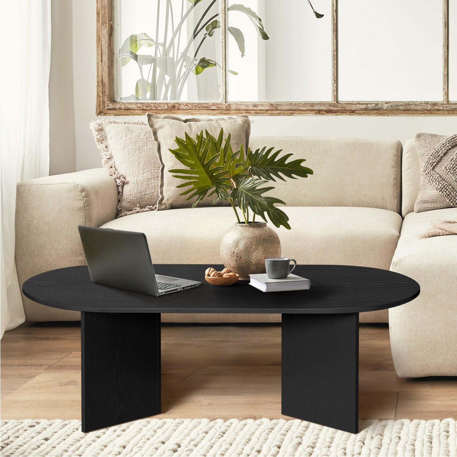 Oikiture Coffee Table Sofa End Table Oval Side Cafe Desk Timber Black