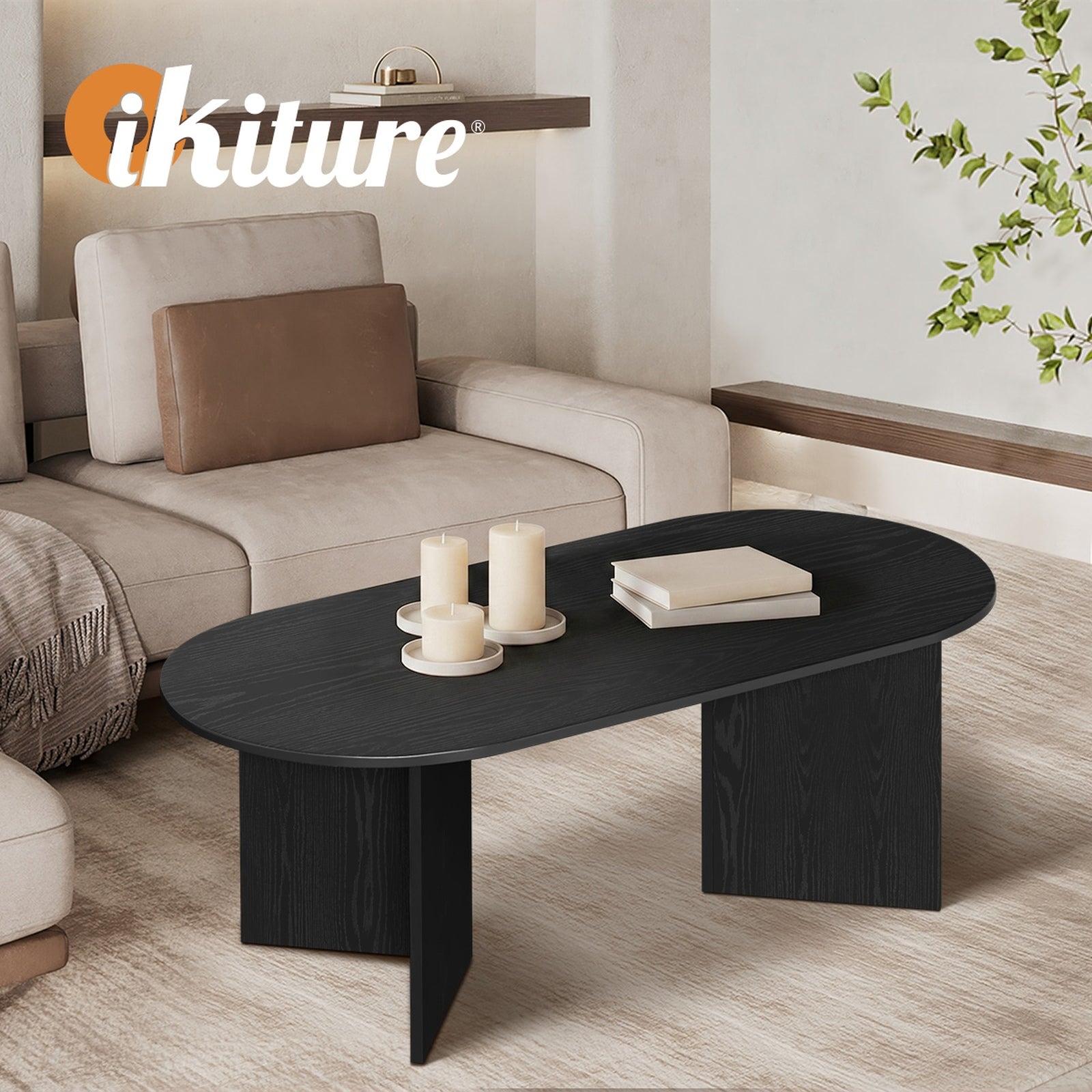 Oikiture Coffee Table Sofa End Table Oval Side Cafe Desk Timber Black