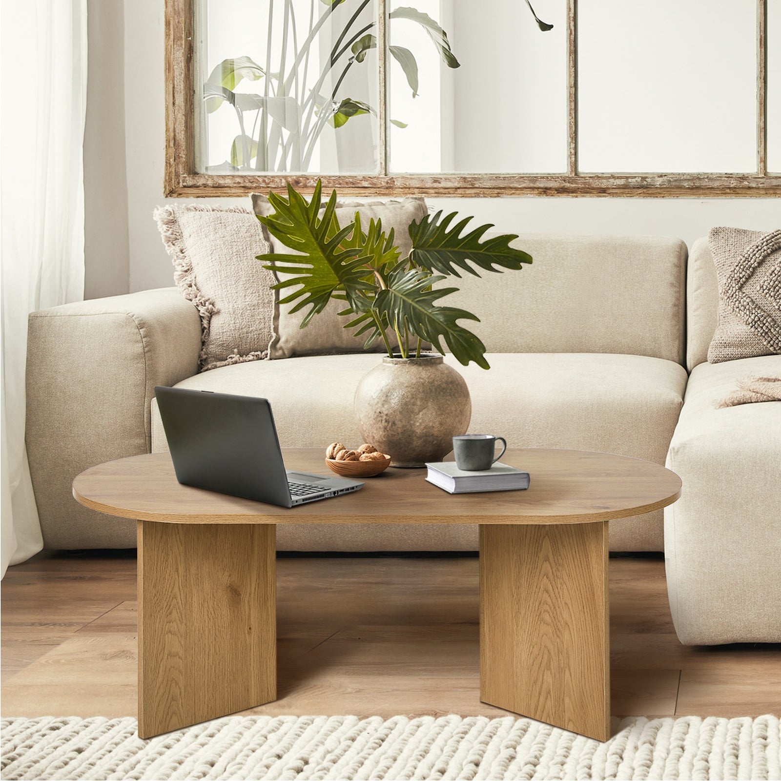 Oikiture Coffee Table Sofa End Table Oval Side Cafe Desk Timber Walnut - Sunyee