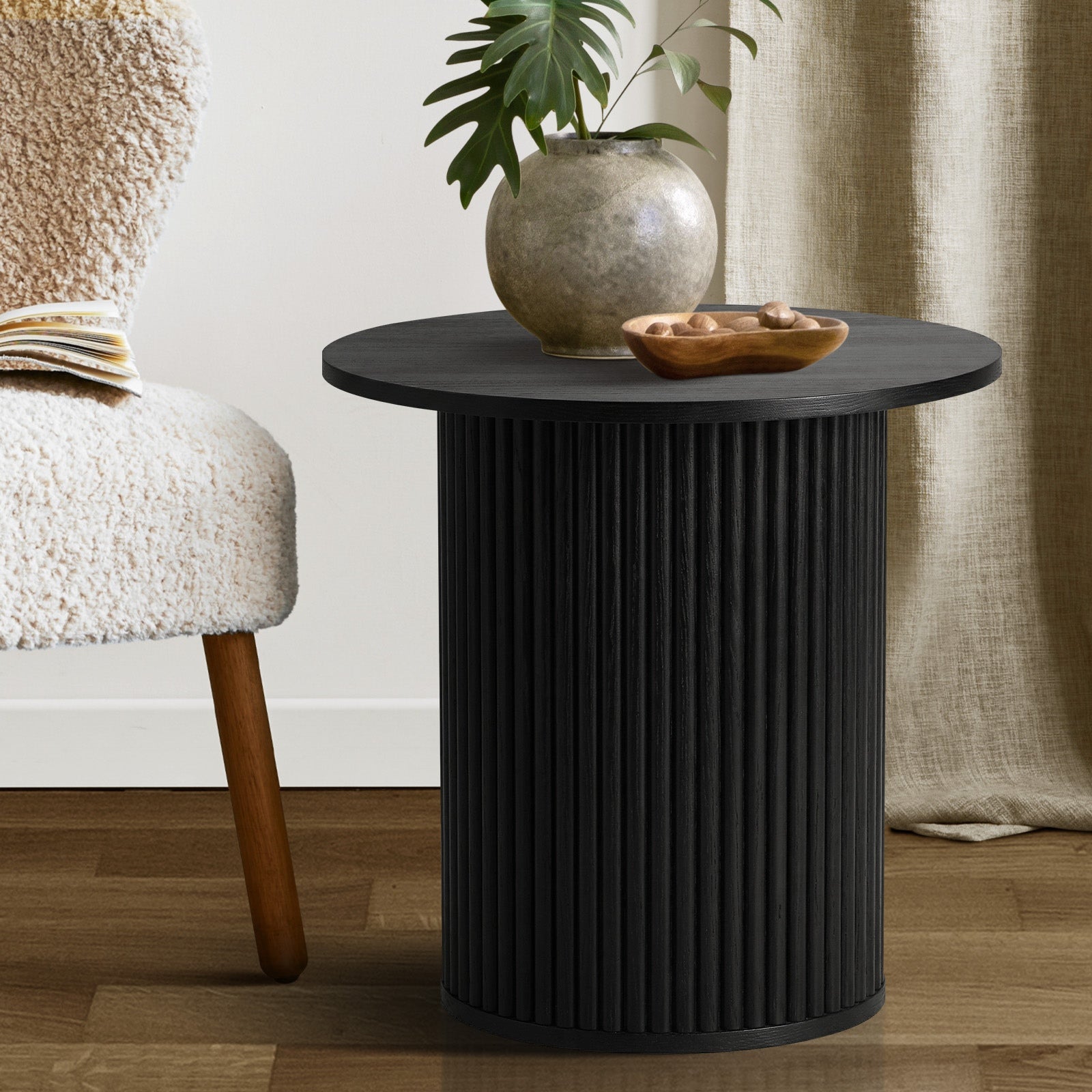 Oikiture Coffee Table Side End Tables Sofa Desk Bedside Round Wood Black - Sunyee