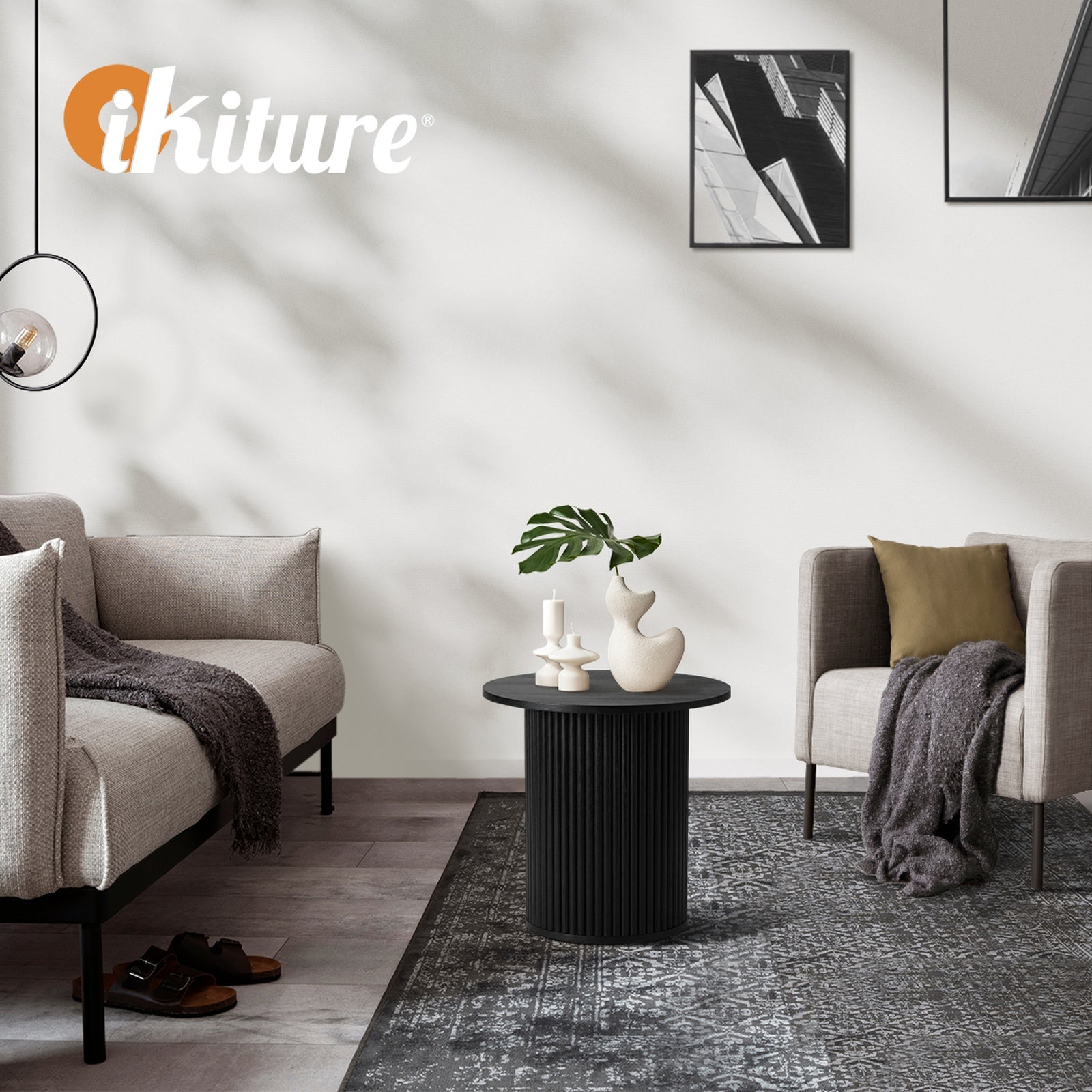 Oikiture Coffee Table Side End Tables Sofa Desk Bedside Round Wood Black - Sunyee