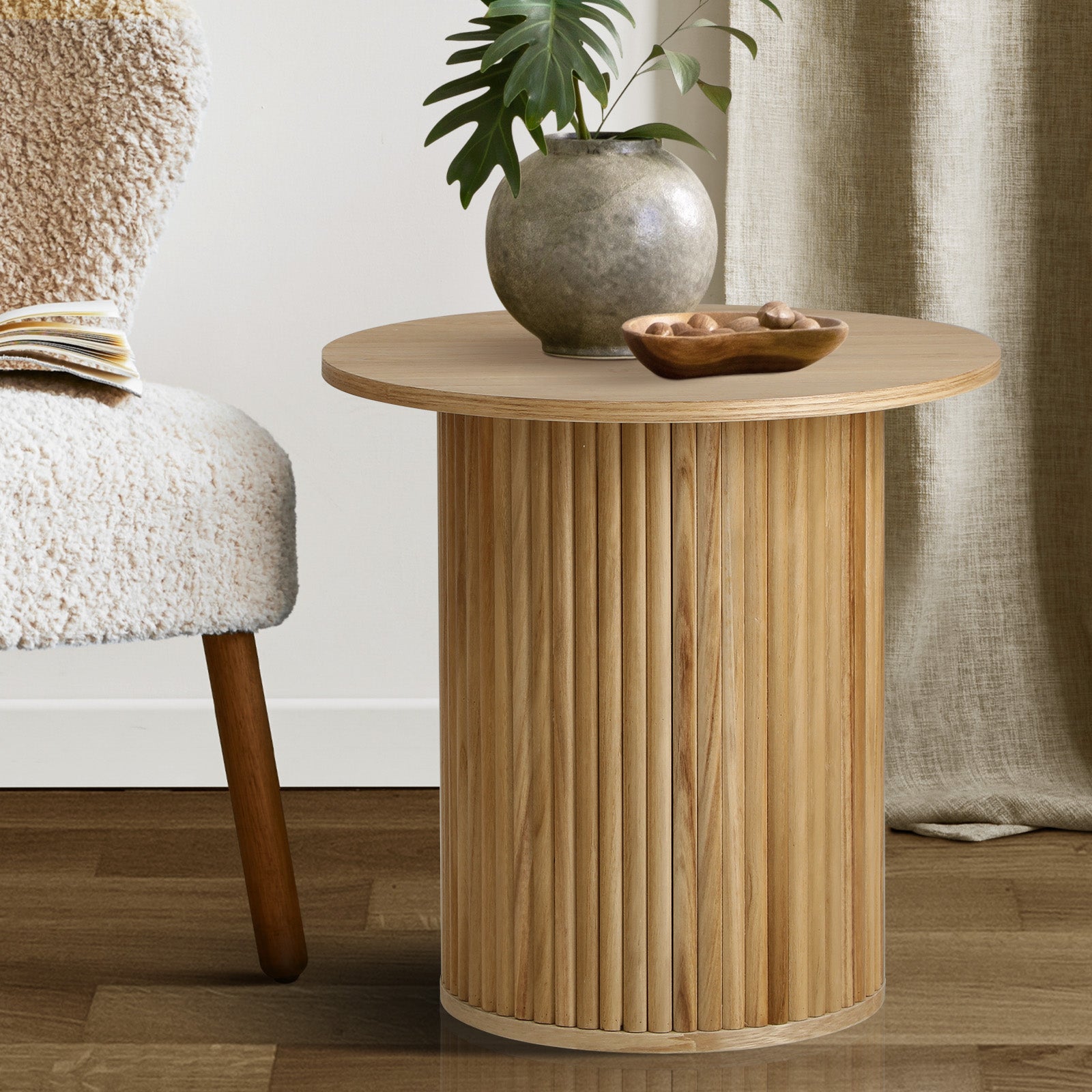 Oikiture Coffee Table Side End Tables Sofa Desk Bedside Round Wood Natural - Sunyee