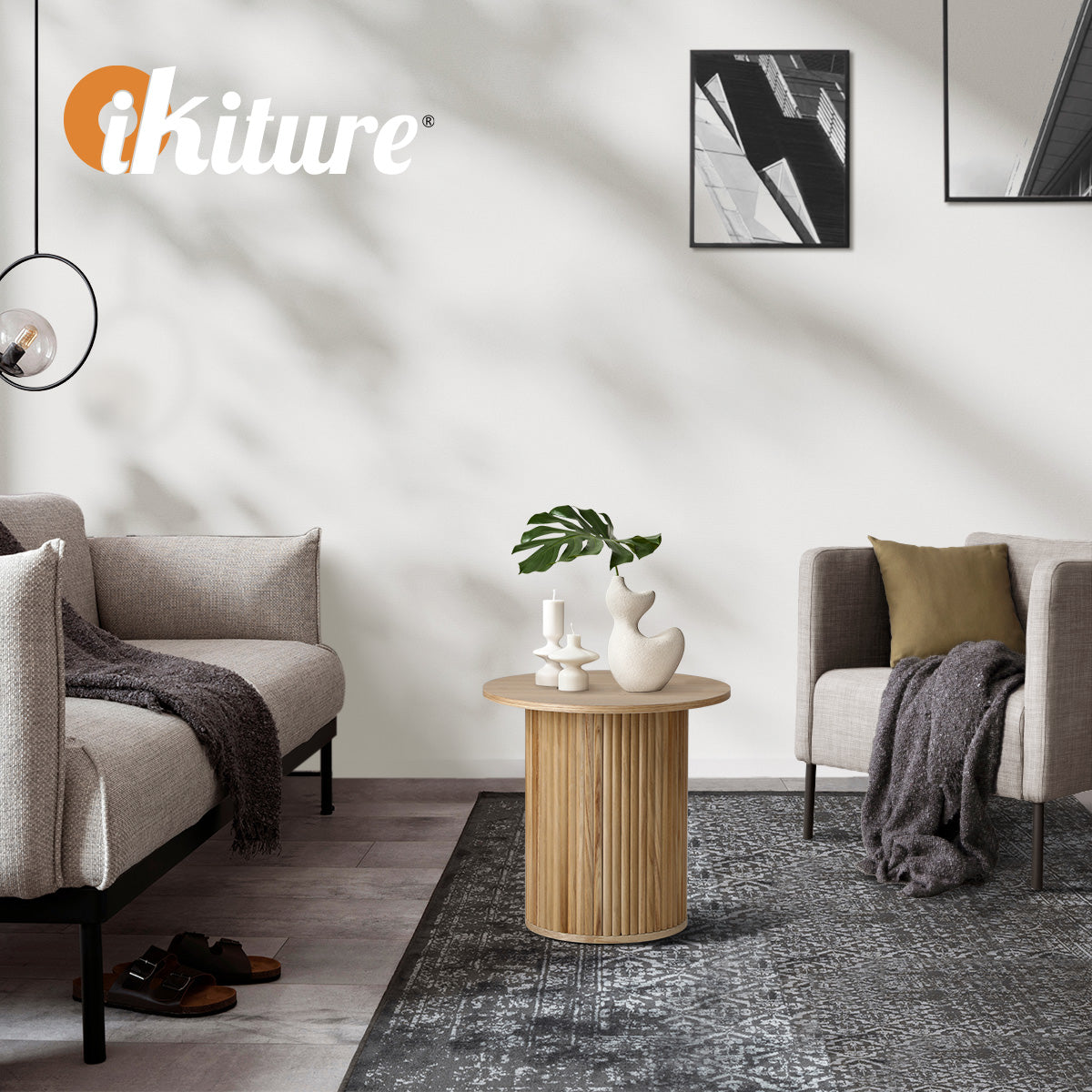 Oikiture Coffee Table Side End Tables Sofa Desk Bedside Round Wood Natural - Sunyee