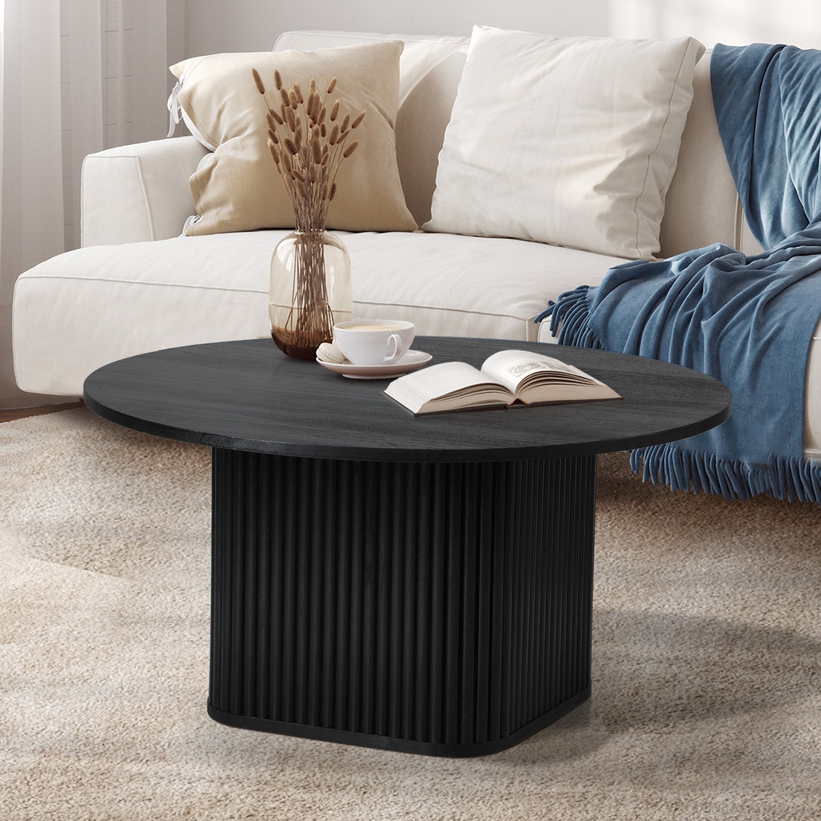 Oikiture Coffee Table Side End Tables Sofa Desk Round Wooden Furniture Black - Sunyee