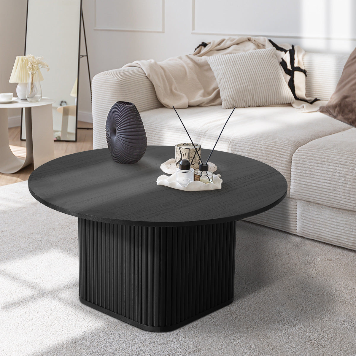 Oikiture Coffee Table Side End Tables Sofa Desk Round Wooden Furniture Black - Sunyee