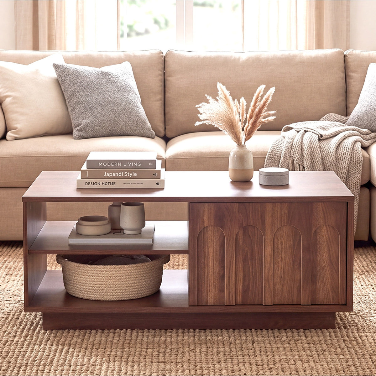 Oikiture Coffee Table 88cm Central Table Storage Drawer 2 Open Shelves Walnut
