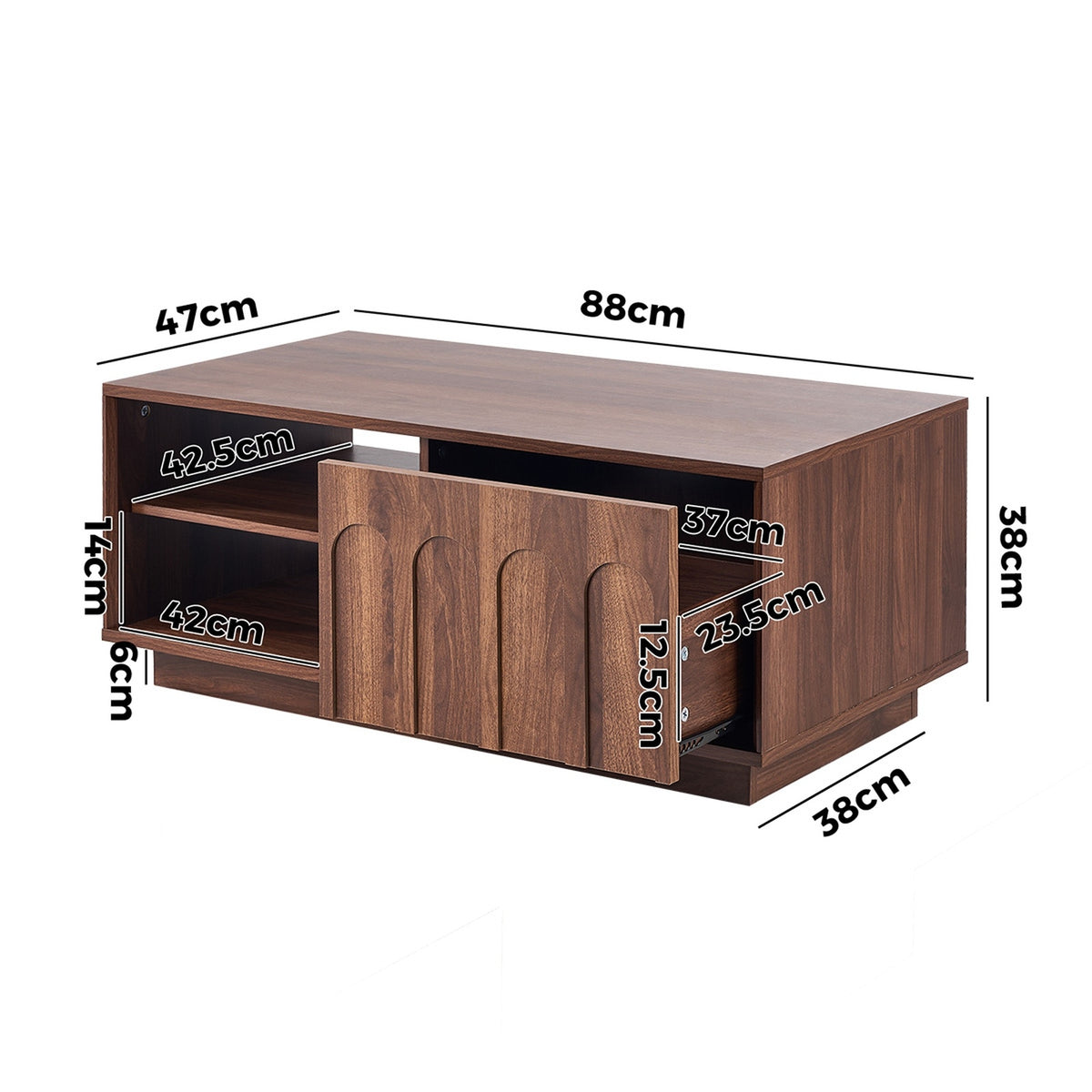 Oikiture Coffee Table 88cm Central Table Storage Drawer 2 Open Shelves Walnut