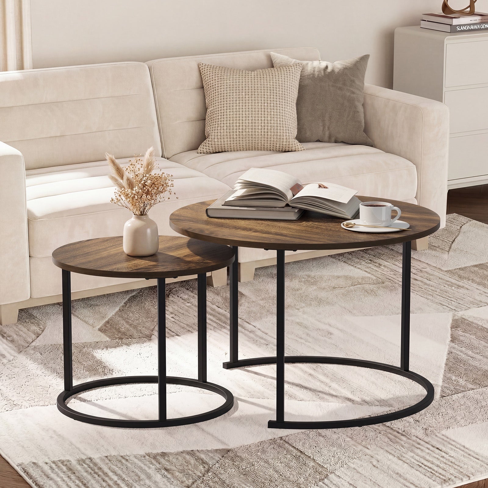 Oikiture Set of 2 Nesting Coffee Table Round Side End Tables Furniture