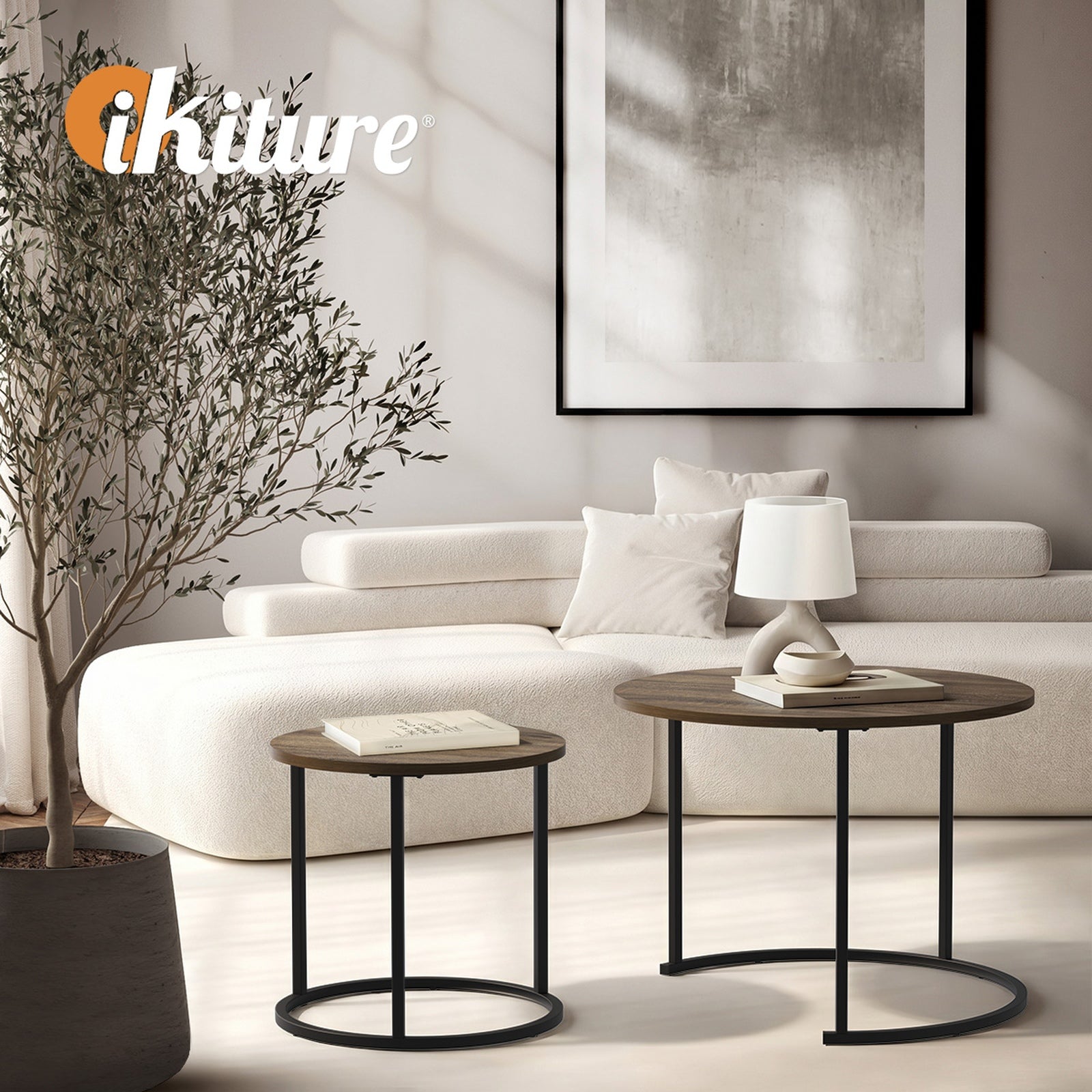 Oikiture Set of 2 Nesting Coffee Table Round Side End Tables Walnut and Black