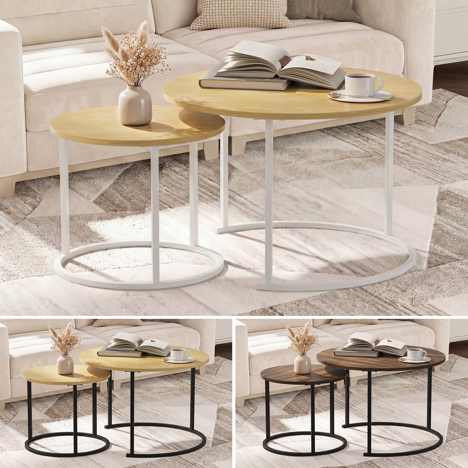 Oikiture Set of 2 Nesting Coffee Table Round Side End Tables Furniture