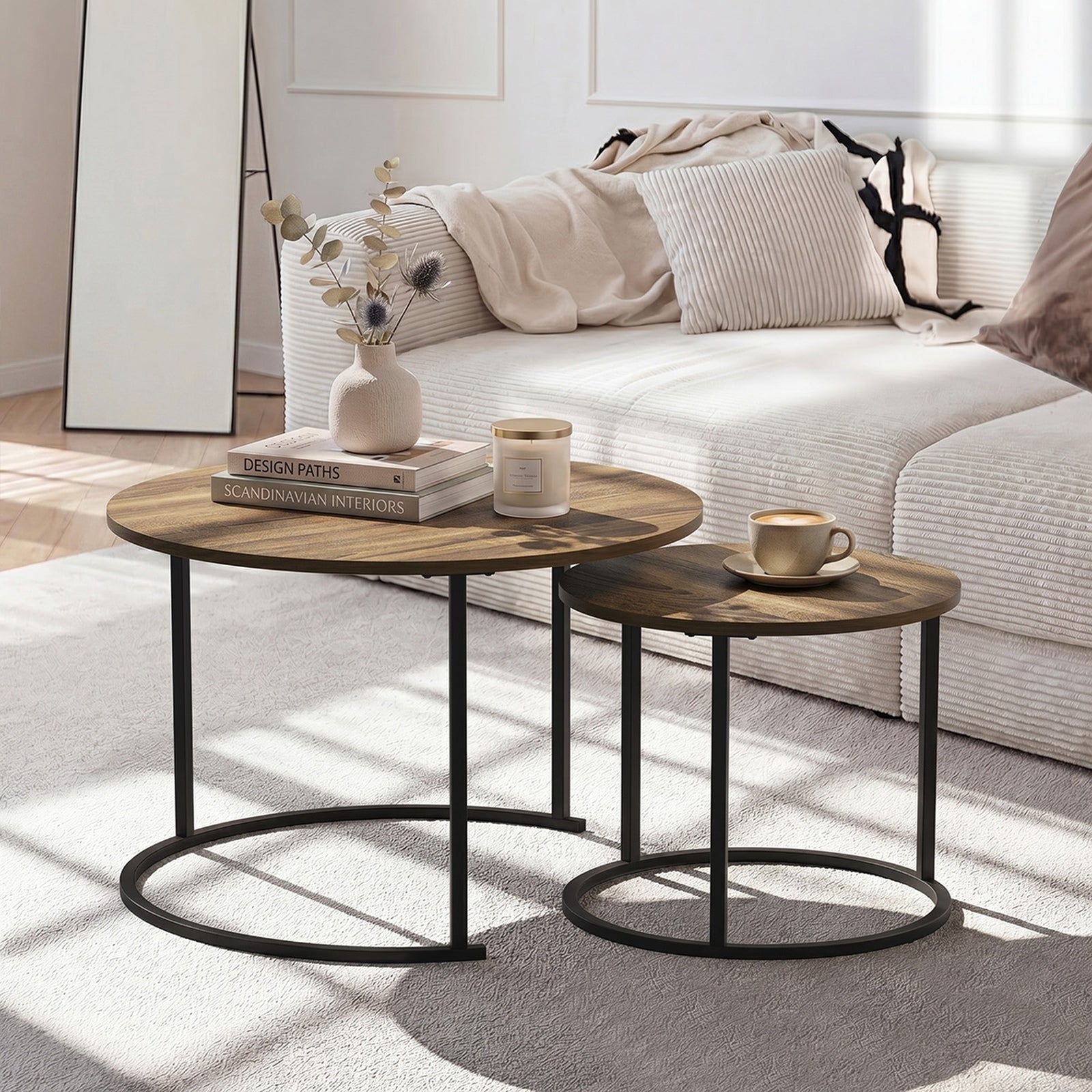 Oikiture Set of 2 Nesting Coffee Table Round Side End Tables Furniture