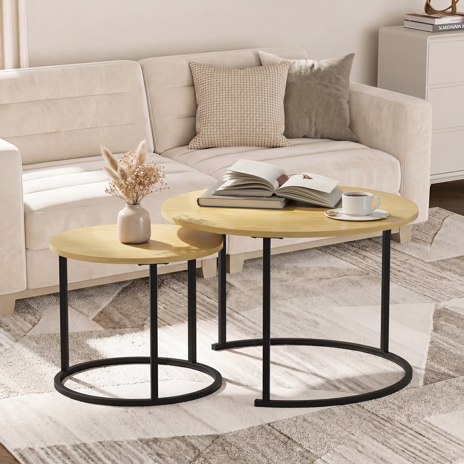 Oikiture Set of 2 Nesting Coffee Table Round Side End Tables Furniture