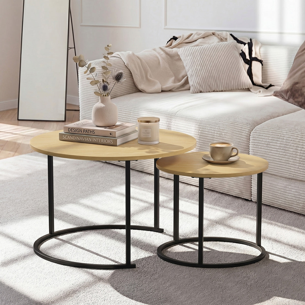 Oikiture Set of 2 Nesting Coffee Table Round Side End Tables Natural and black