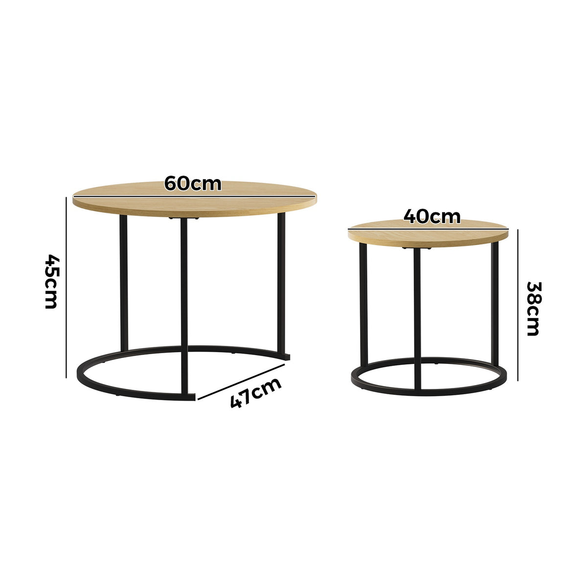 Oikiture Set of 2 Nesting Coffee Table Round Side End Tables Natural and black
