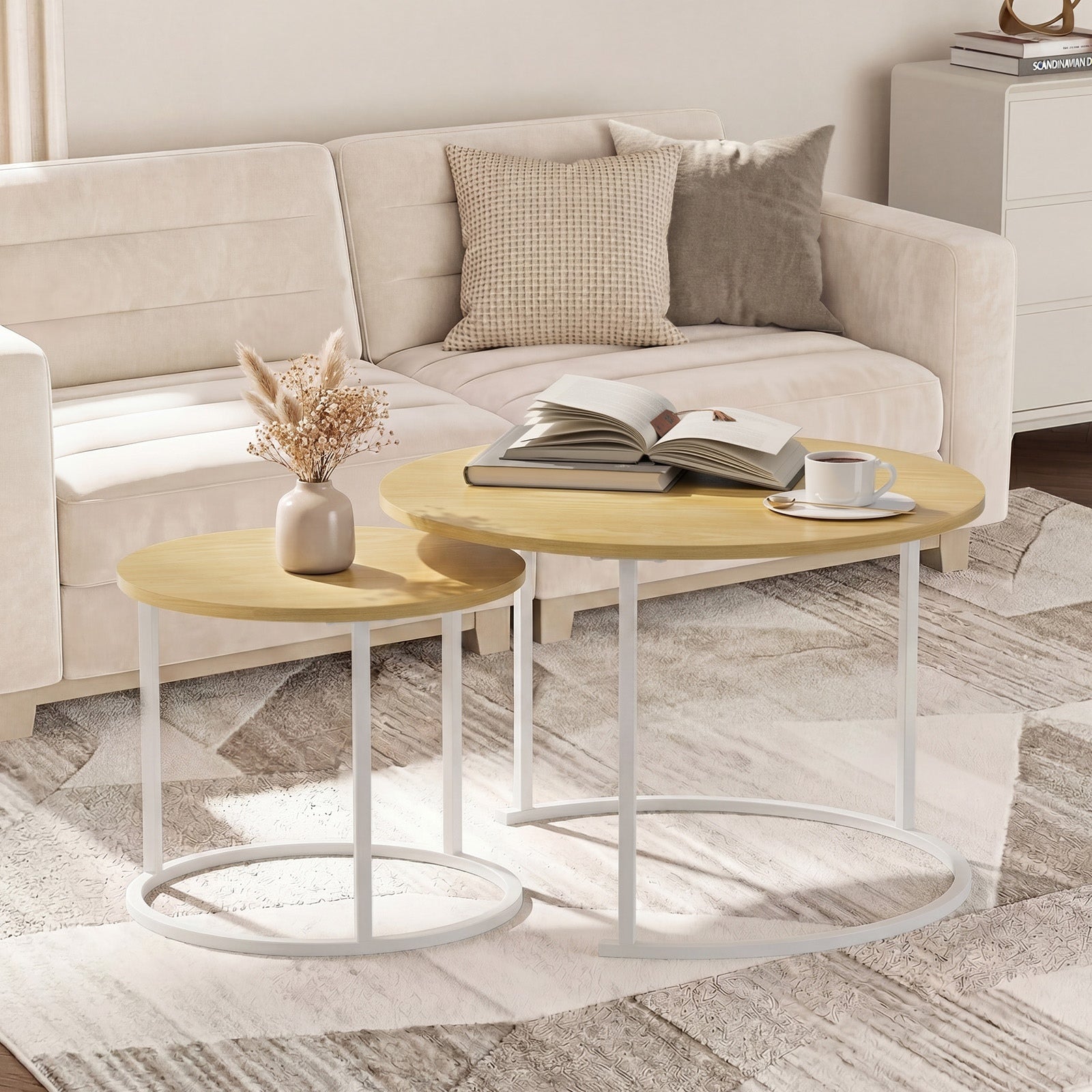 Oikiture Set of 2 Nesting Coffee Table Round Side End Tables Furniture