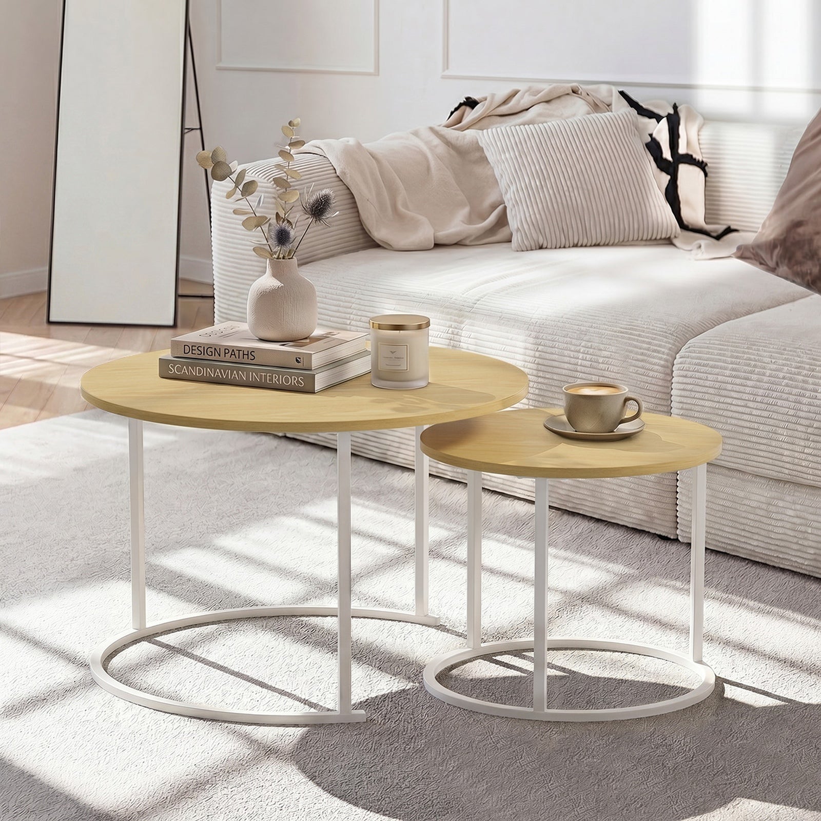 Oikiture Set of 2 Nesting Coffee Table Round Side End Tables Natural and White