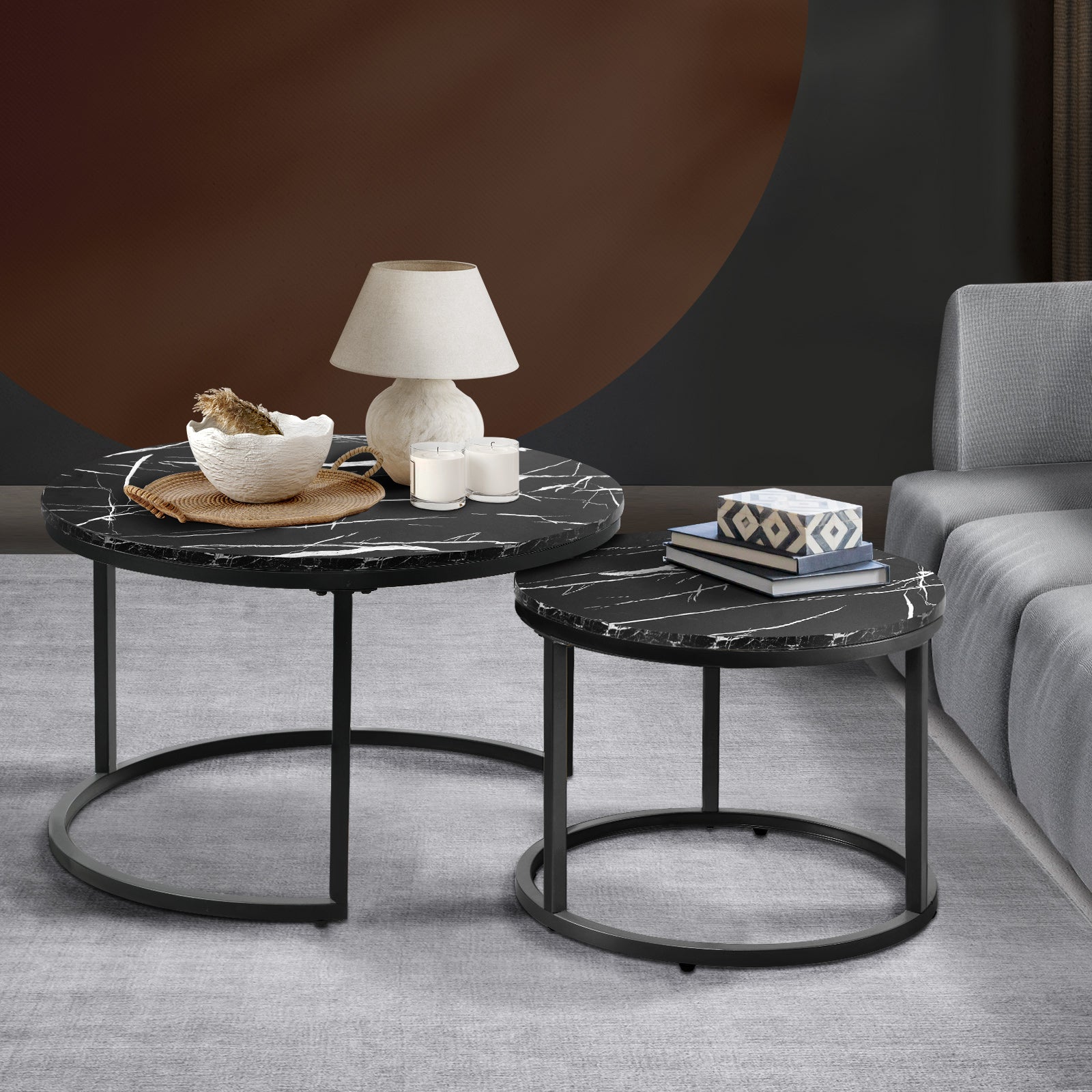 Oikiture Set of 2 Coffee Table Round Nesting Side End Table Black - Sunyee