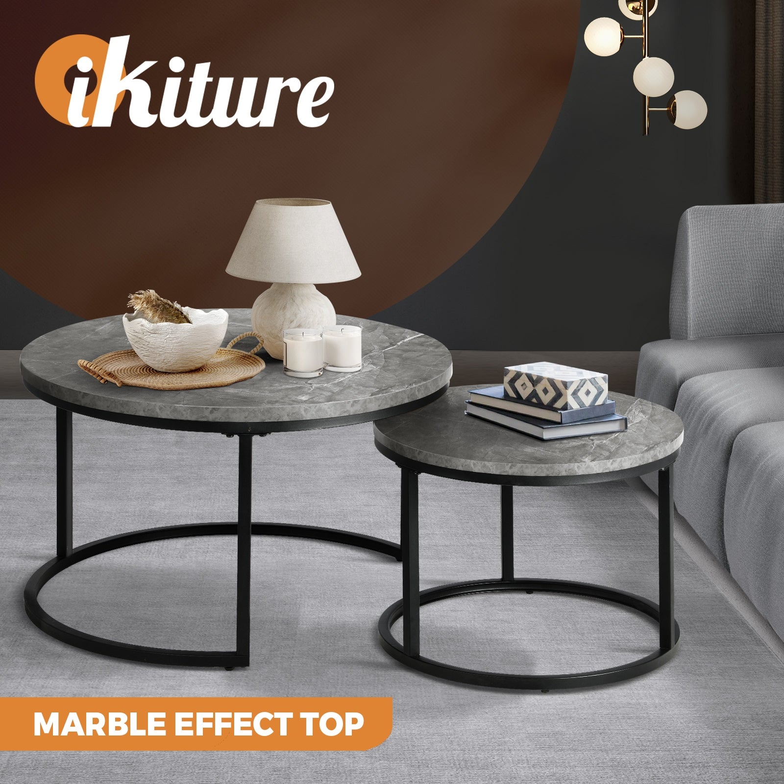 Oikiture Set of 2 Coffee Table Round Marble Nesting Side End Table Furniture - Sunyee