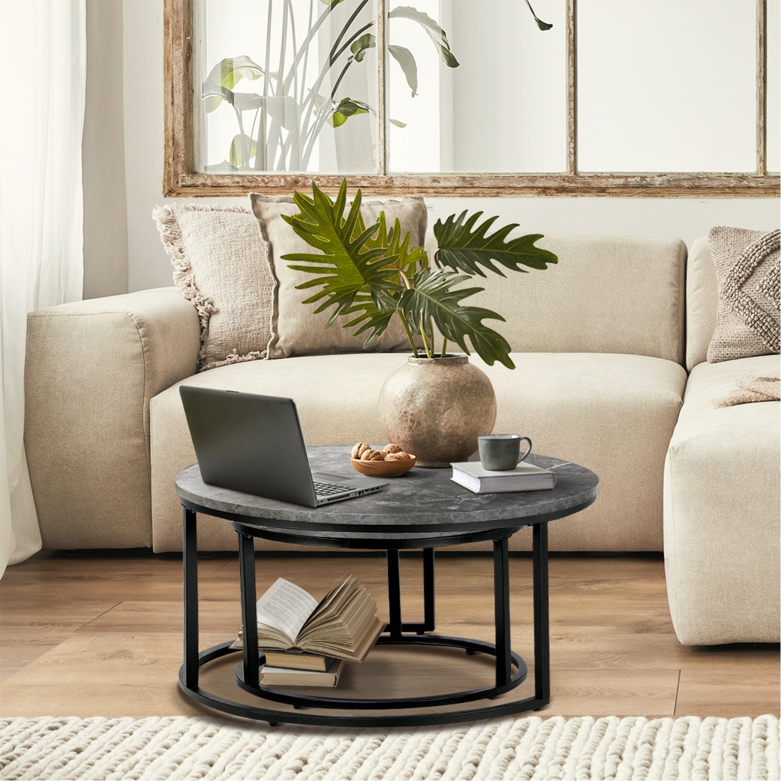Oikiture Set of 2 Coffee Table Round Marble Nesting Side End Table Grey & Black - Sunyee