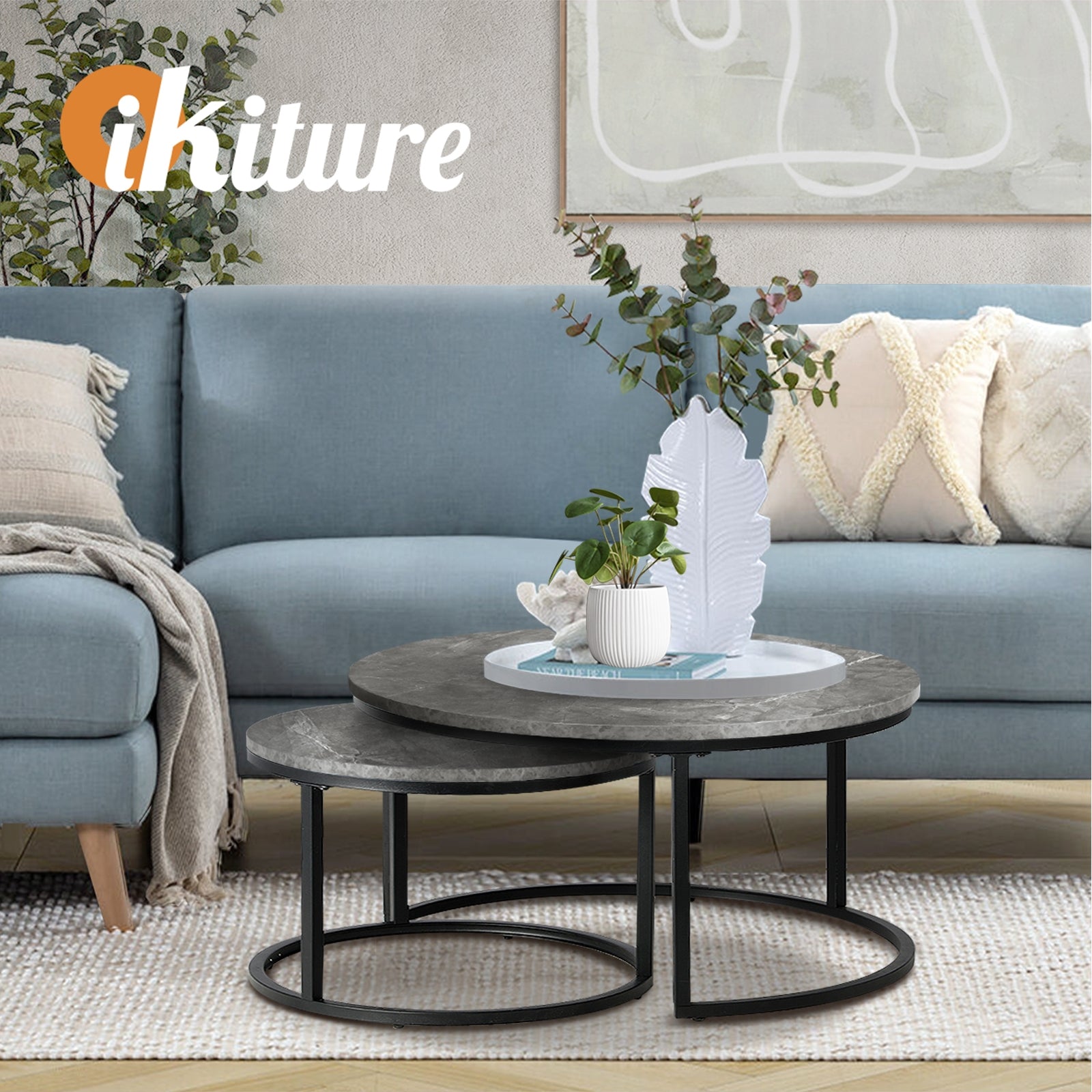 Oikiture Set of 2 Coffee Table Round Marble Nesting Side End Table Grey & Black - Sunyee