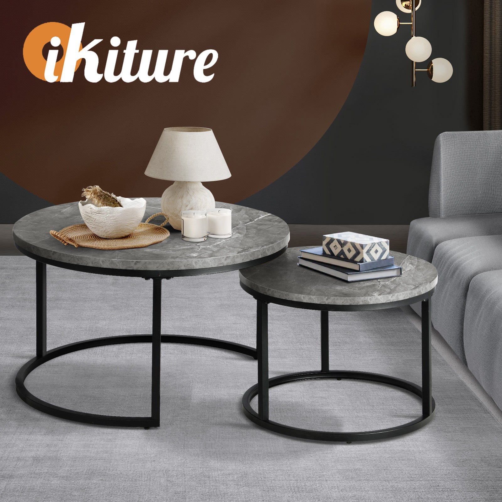 Oikiture Set of 2 Coffee Table Round Marble Nesting Side End Table Grey & Black - Sunyee