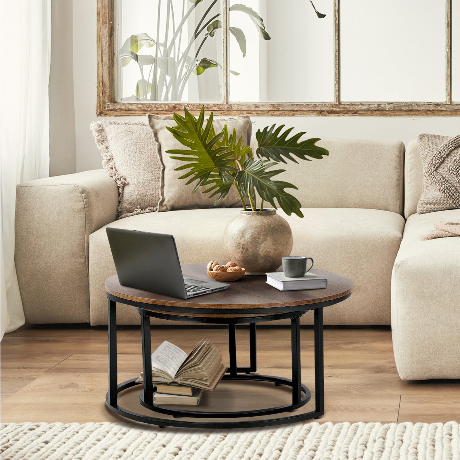 Oikiture Set of 2 Coffee Table Round Marble Nesting Side End Table Furniture - Sunyee