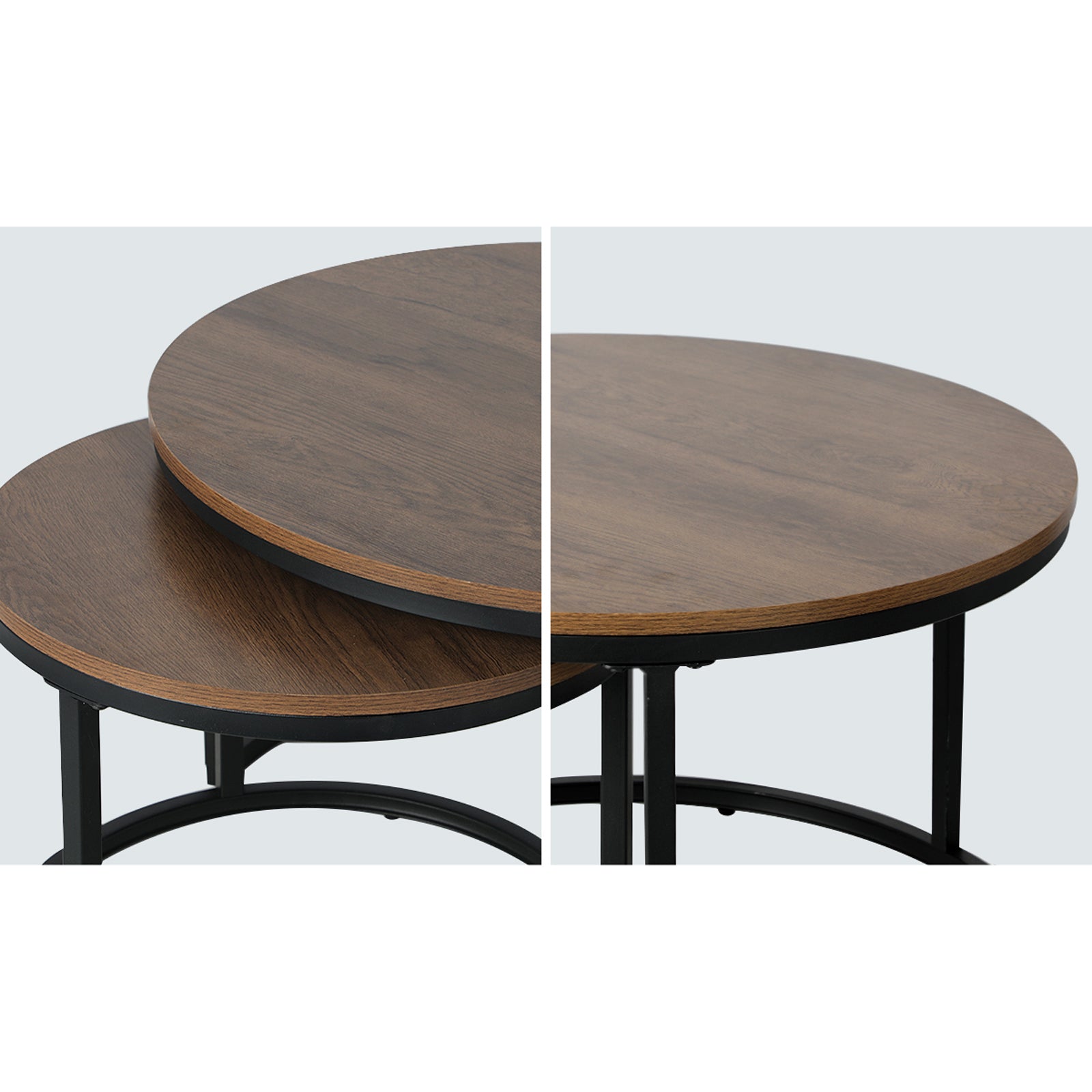 Oikiture Set of 2 Coffee Table Round Nesting Side End Table Walnut & Black - Sunyee