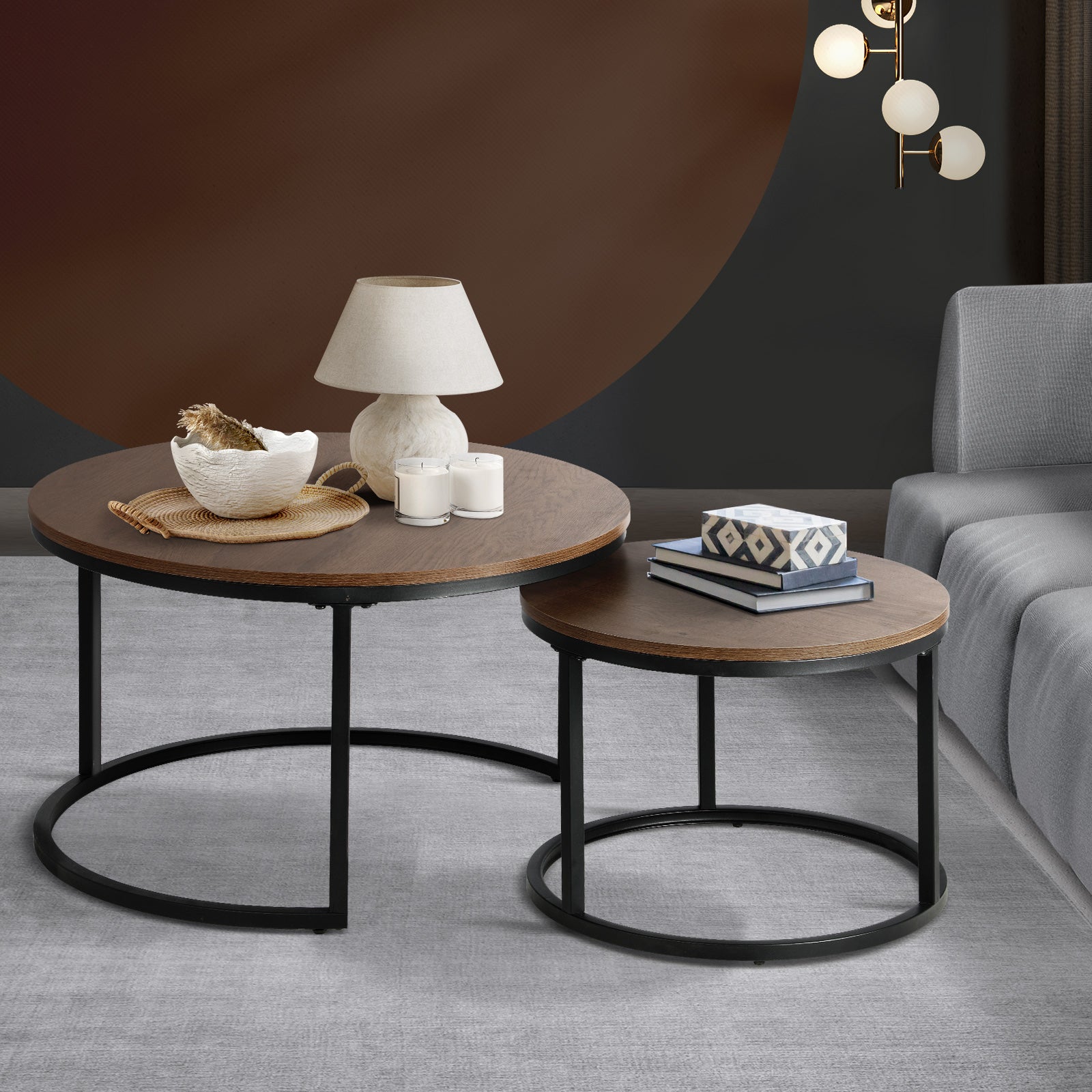 Oikiture Set of 2 Coffee Table Round Nesting Side End Table Walnut & Black - Sunyee