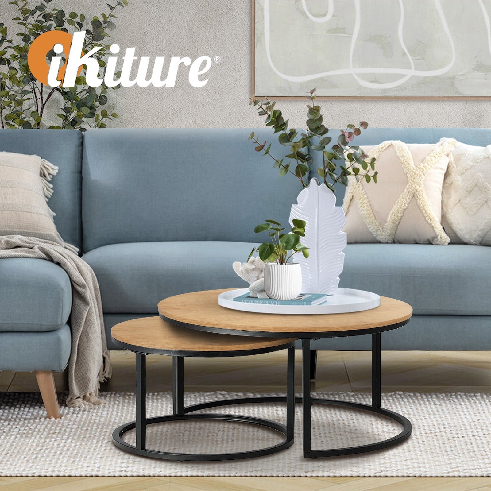 Oikiture Set of 2 Coffee Table Round Nesting Side End Table Natural - Sunyee