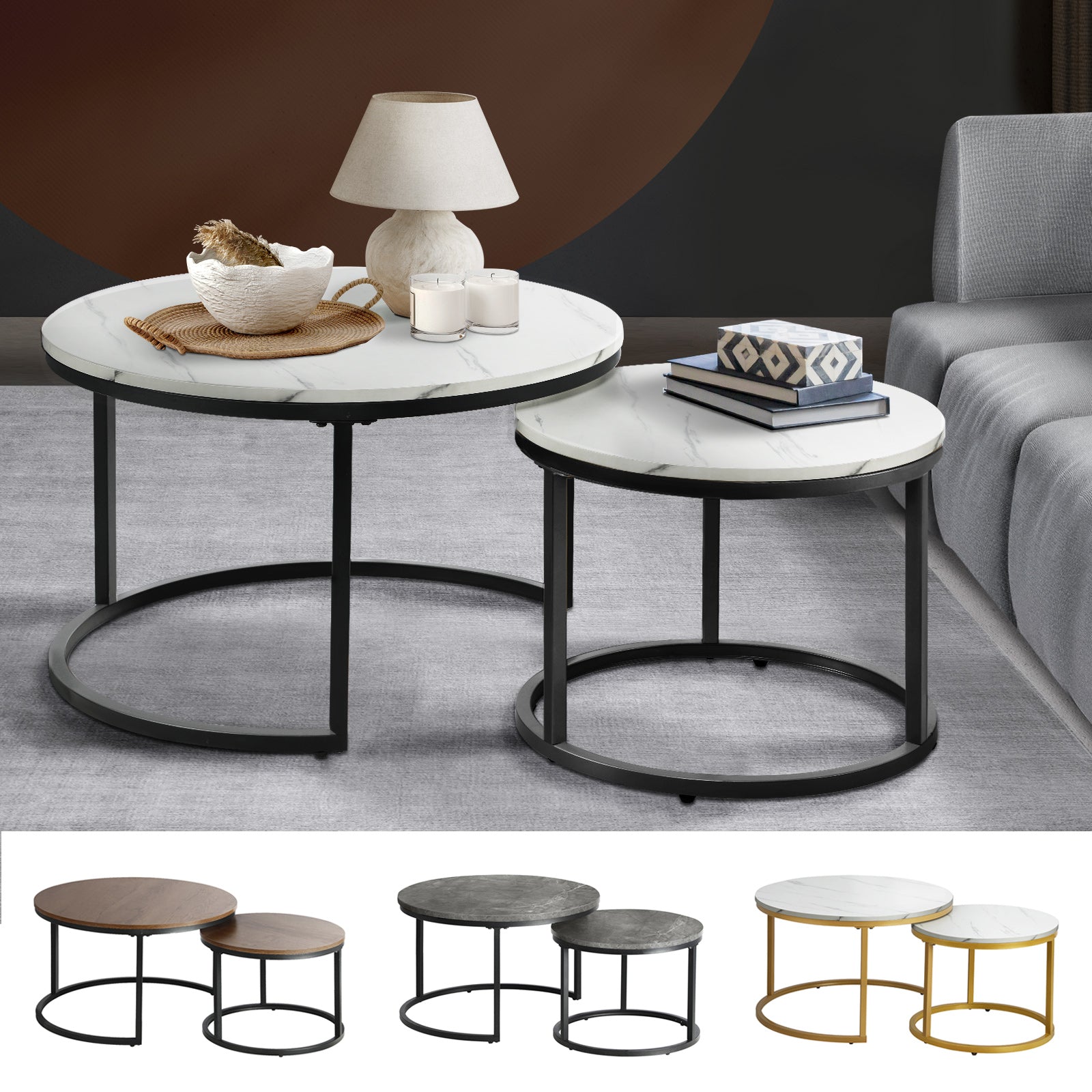 Oikiture Set of 2 Coffee Table Round Marble Nesting Side End Table Furniture - Sunyee