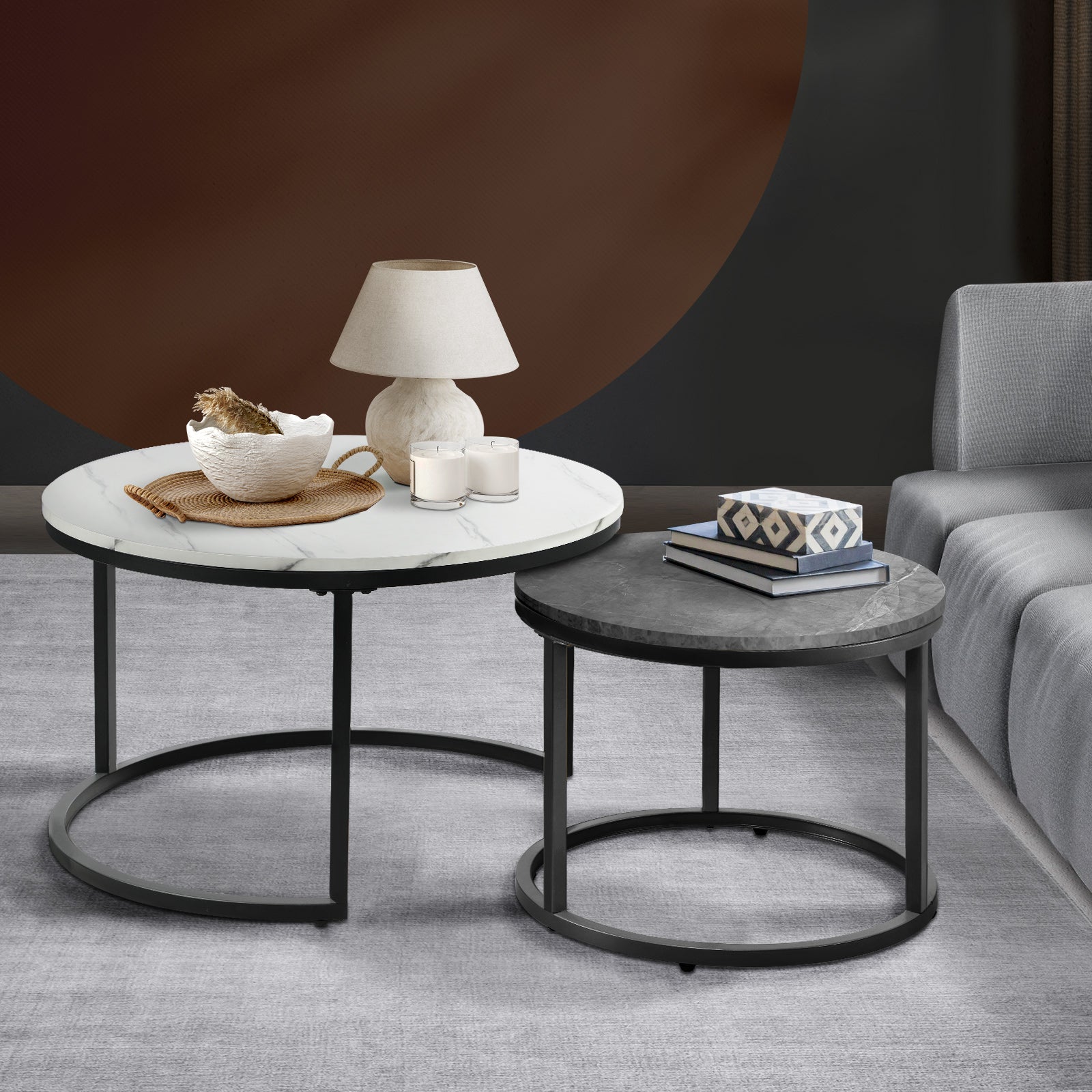 Oikiture Set of 2 Coffee Table Round Nesting Side End Table White & Grey - Sunyee
