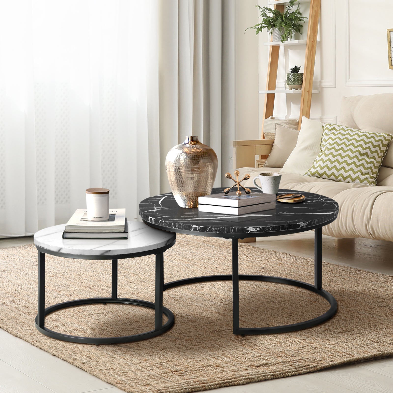 Oikiture Set of 2 Coffee Table Round Marble Nesting Side End Tables Black White - Sunyee