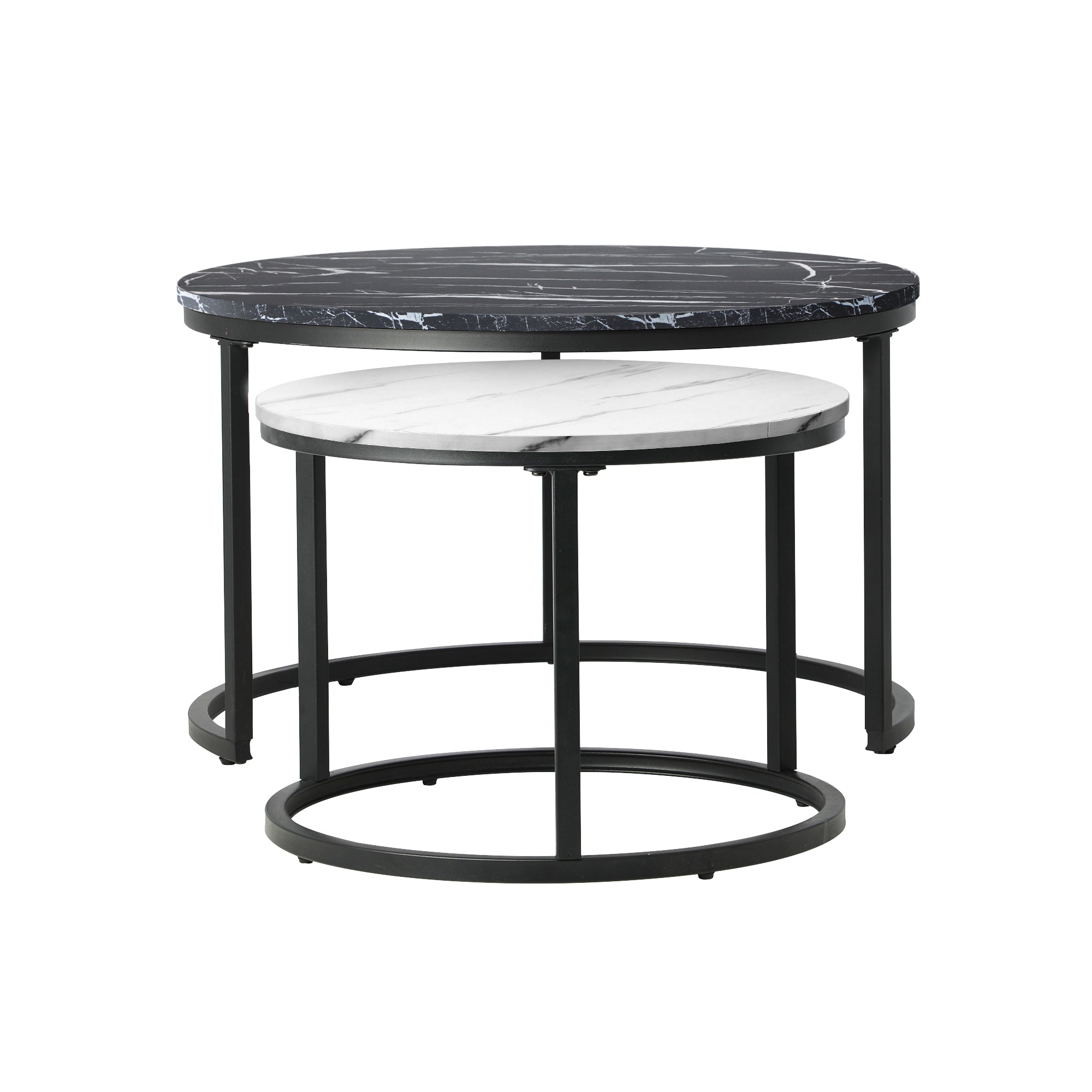 Oikiture Set of 2 Coffee Table Round Marble Nesting Side End Tables Black White - Sunyee