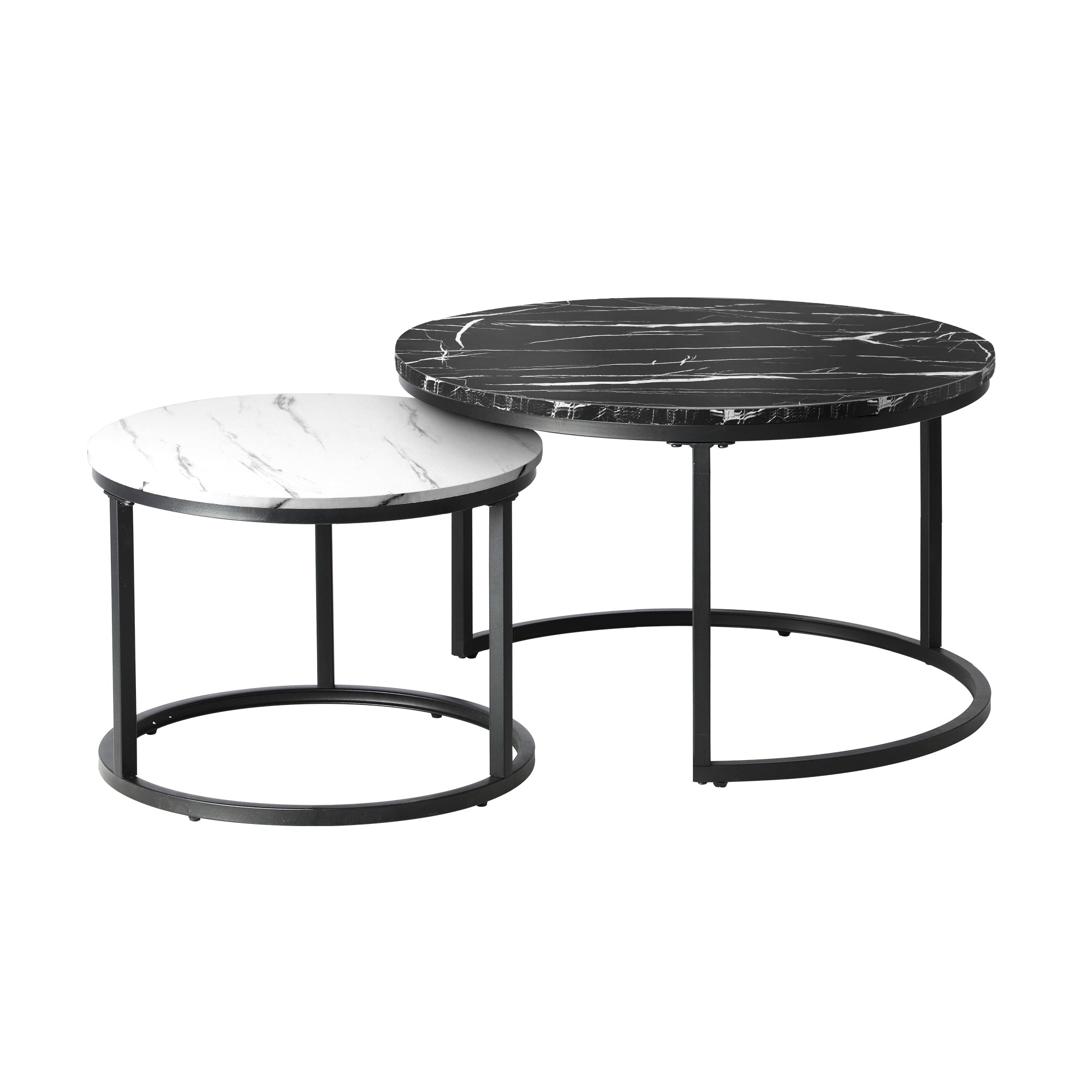 Oikiture Set of 2 Coffee Table Round Marble Nesting Side End Tables Black White - Sunyee