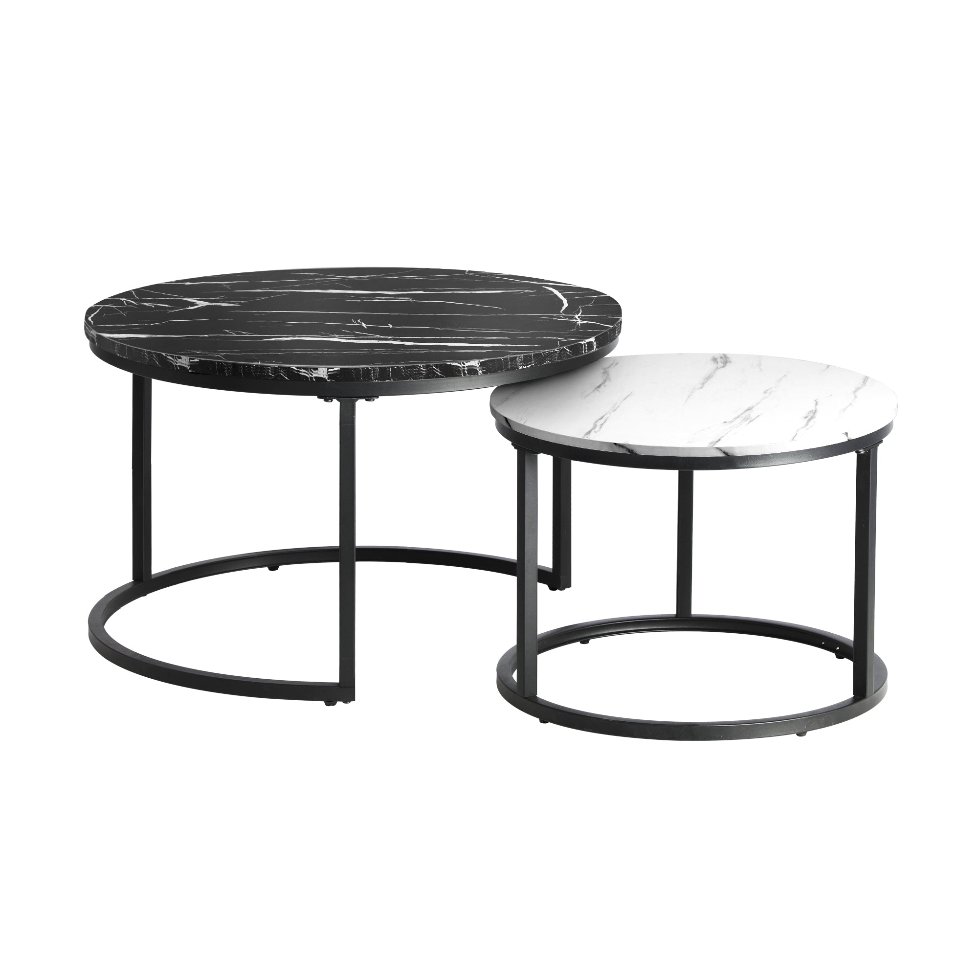 Oikiture Set of 2 Coffee Table Round Marble Nesting Side End Tables Black White - Sunyee