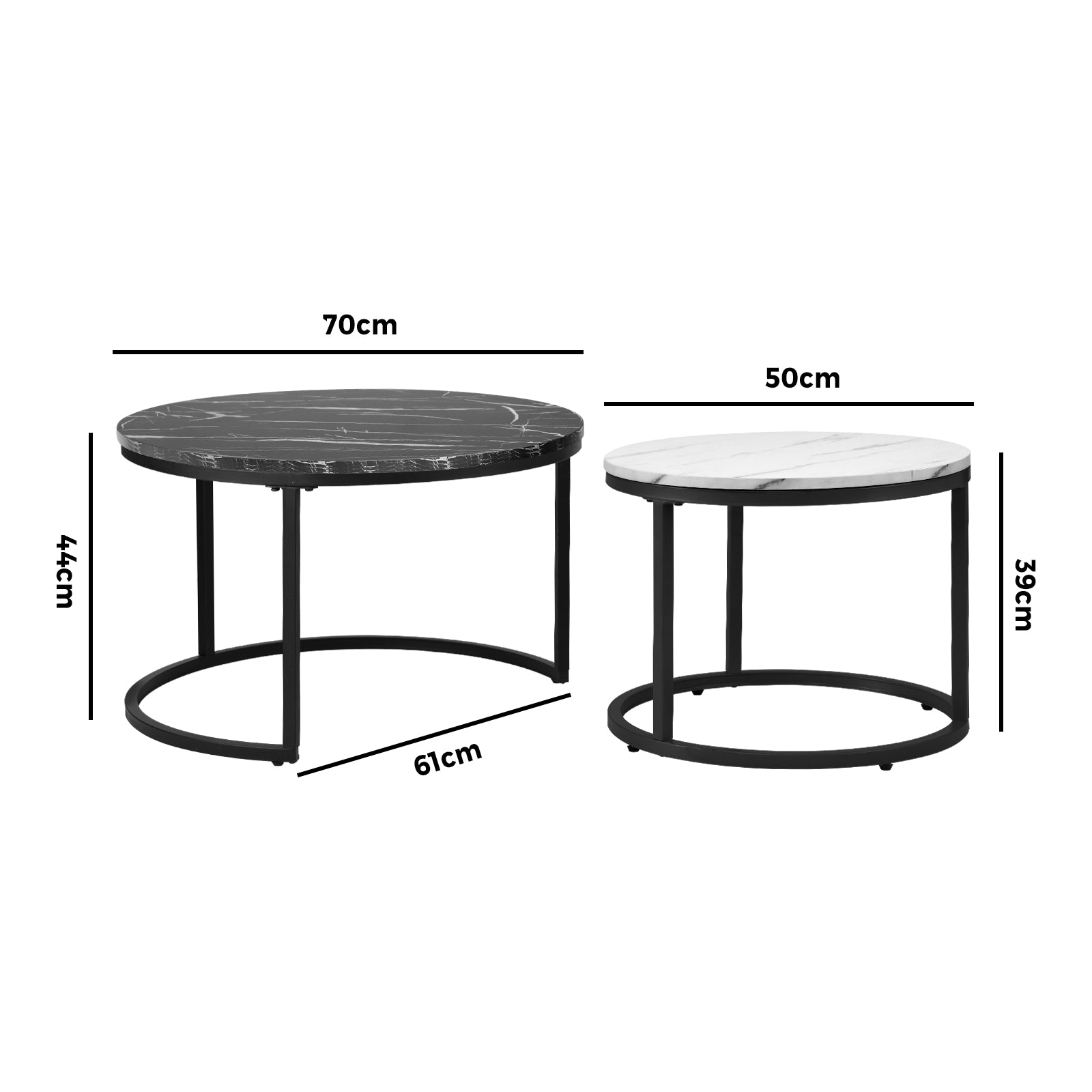 Oikiture Set of 2 Coffee Table Round Marble Nesting Side End Tables Black White - Sunyee