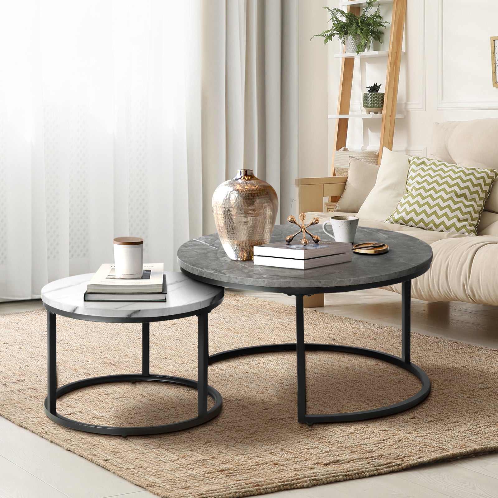 Oikiture Set of 2 Coffee Table Round Marble Nesting Side End Tables Grey & White - Sunyee