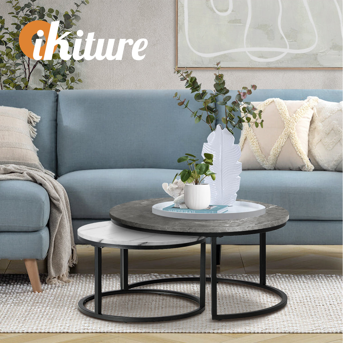 Oikiture Set of 2 Coffee Table Round Marble Nesting Side End Tables Grey & White - Sunyee