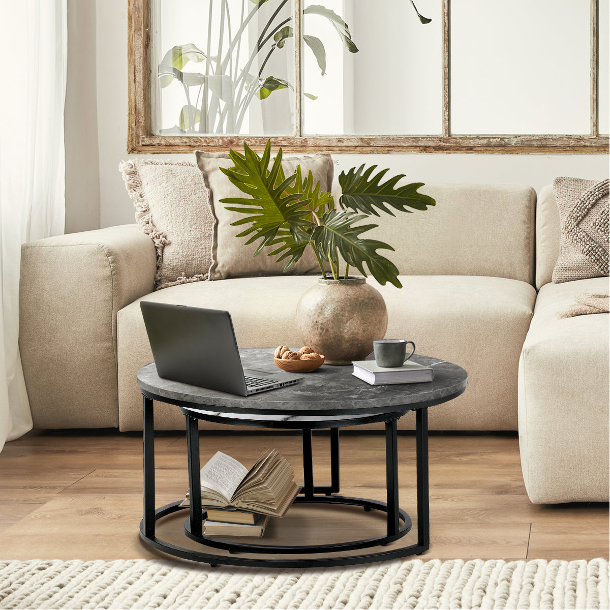 Oikiture Set of 2 Coffee Table Round Marble Nesting Side End Tables Grey & White - Sunyee
