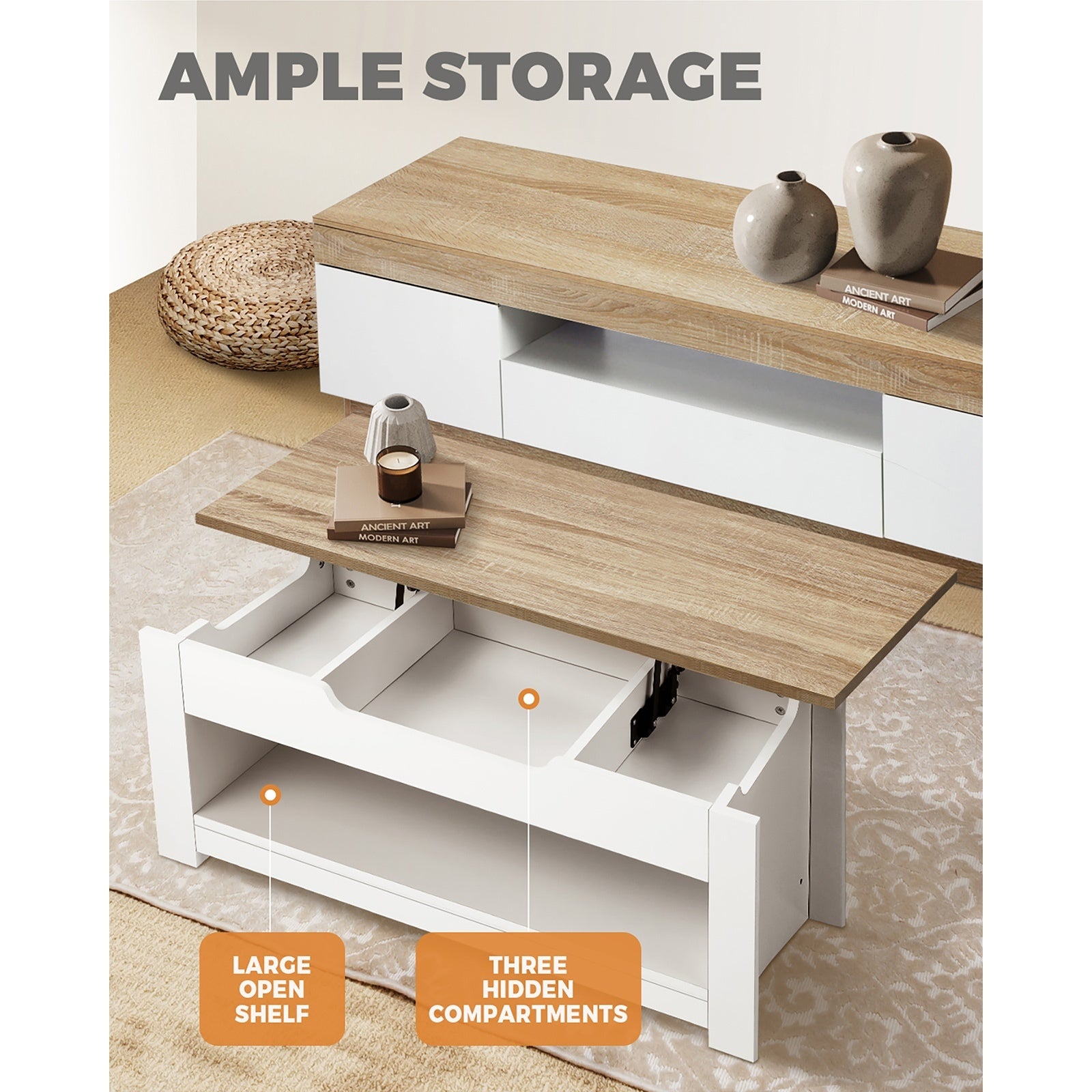 Oikiture Coffee Table Lift Up Top Modern Table Hidden Book Storage Shelf Display - Sunyee